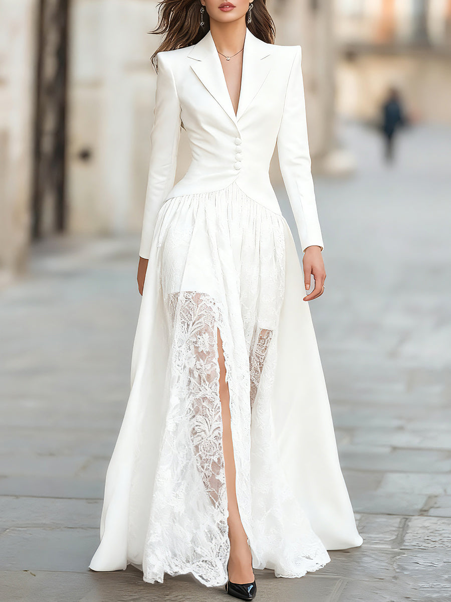 Elegant Tailored Blazer Panel Lace Gown Set - White