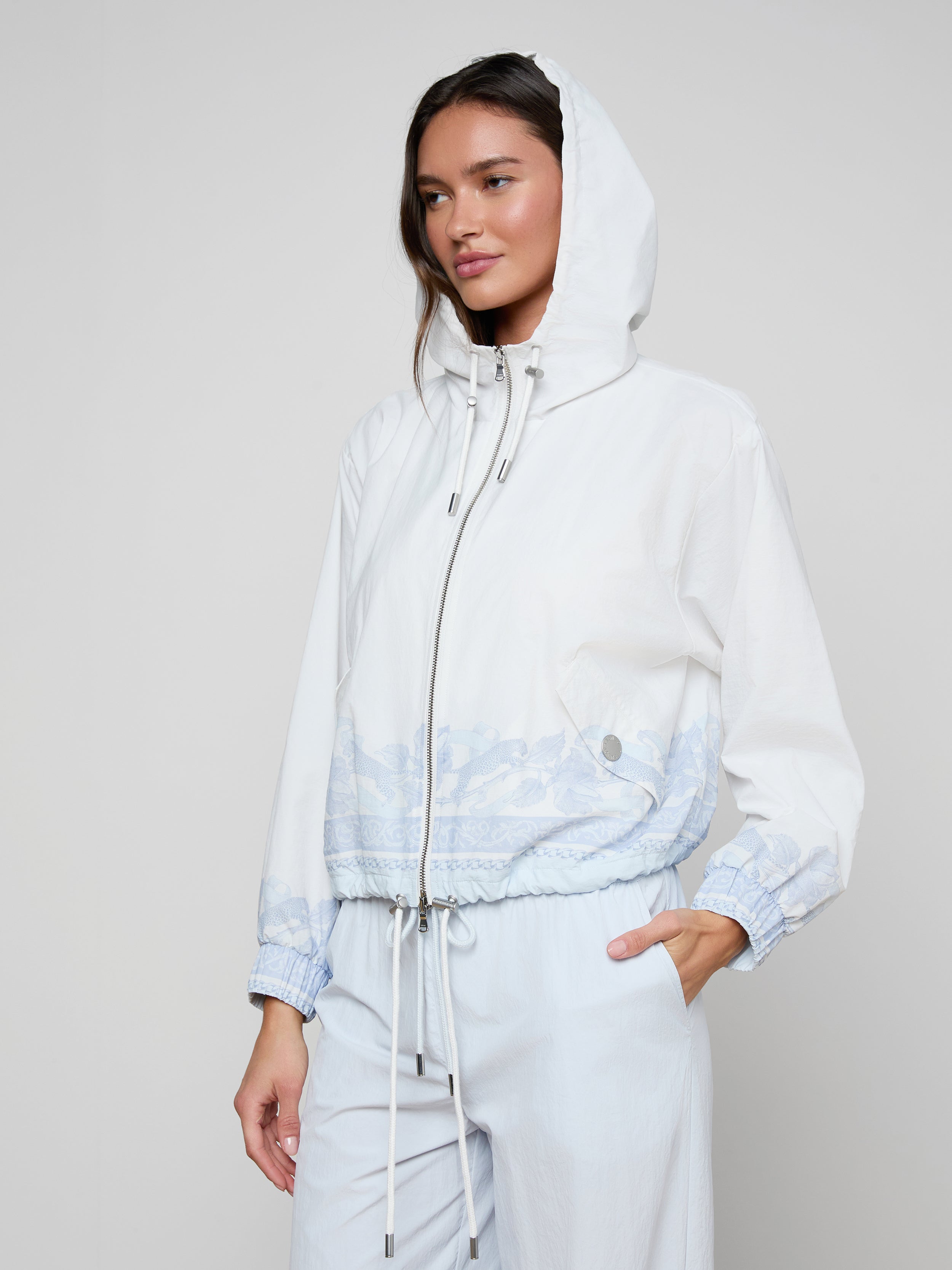 Miro Hooded Windbreaker In Pale Mist Blue Multi Leopard Scarf