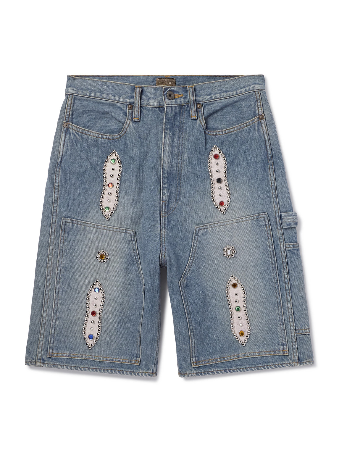 Straight-Leg Leather-Trimmed Embellished Denim Shorts