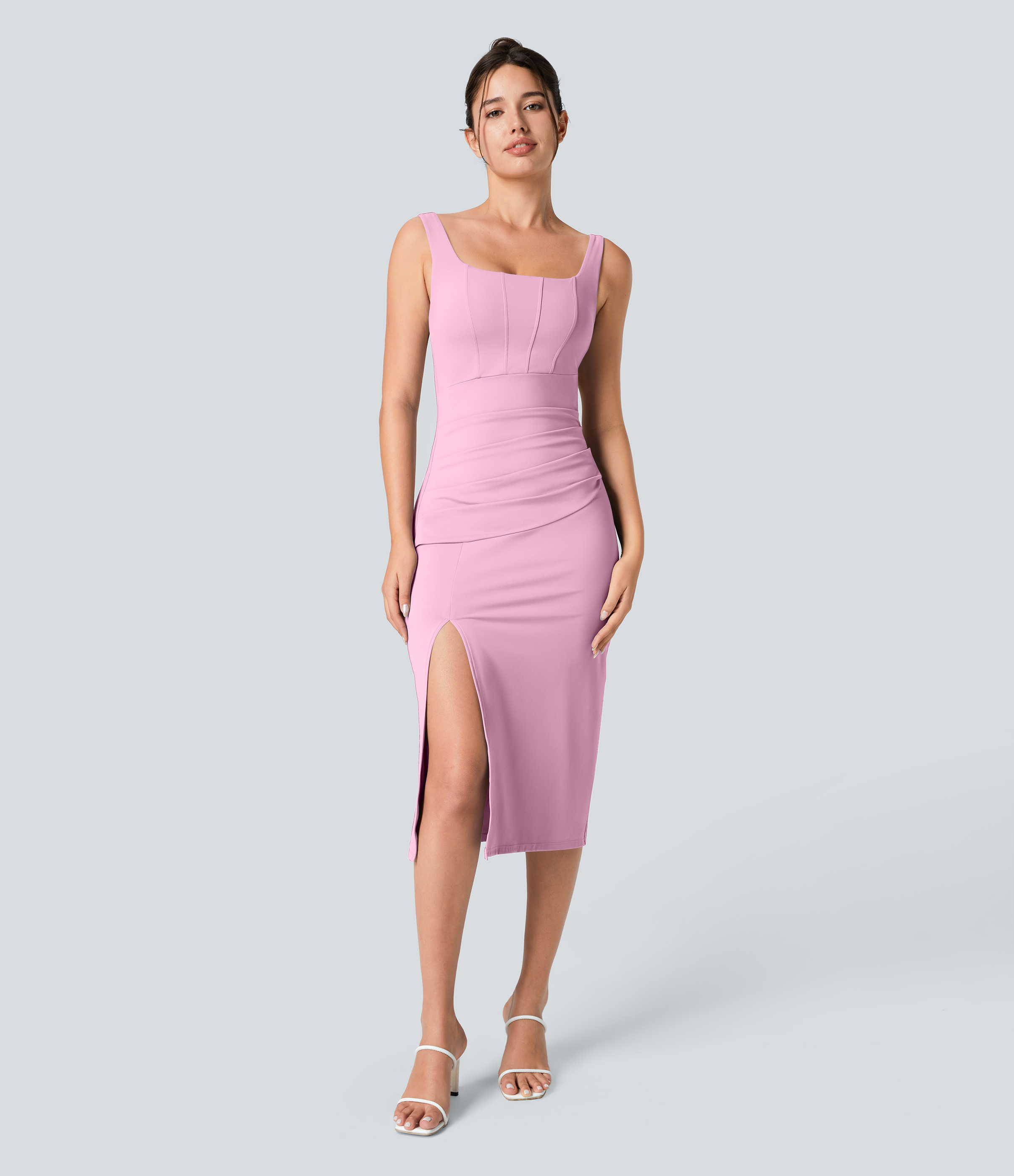 Softlyzero™ Airy Square Neck Backless Corset Ruched Split Bodycon Midi Cool Touch Bridesmaid and Wedding Guest Dress Casual Dress - Nosegay