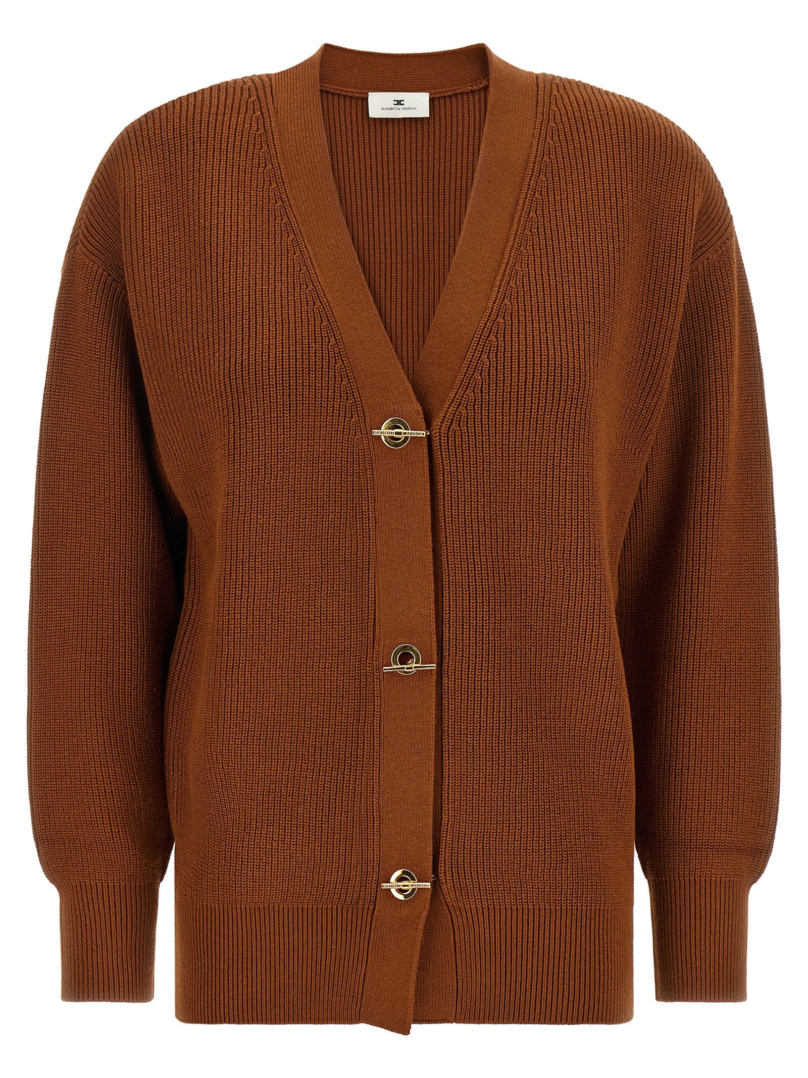 Ribbed Knit with Gold Closures Cardigan — Brown