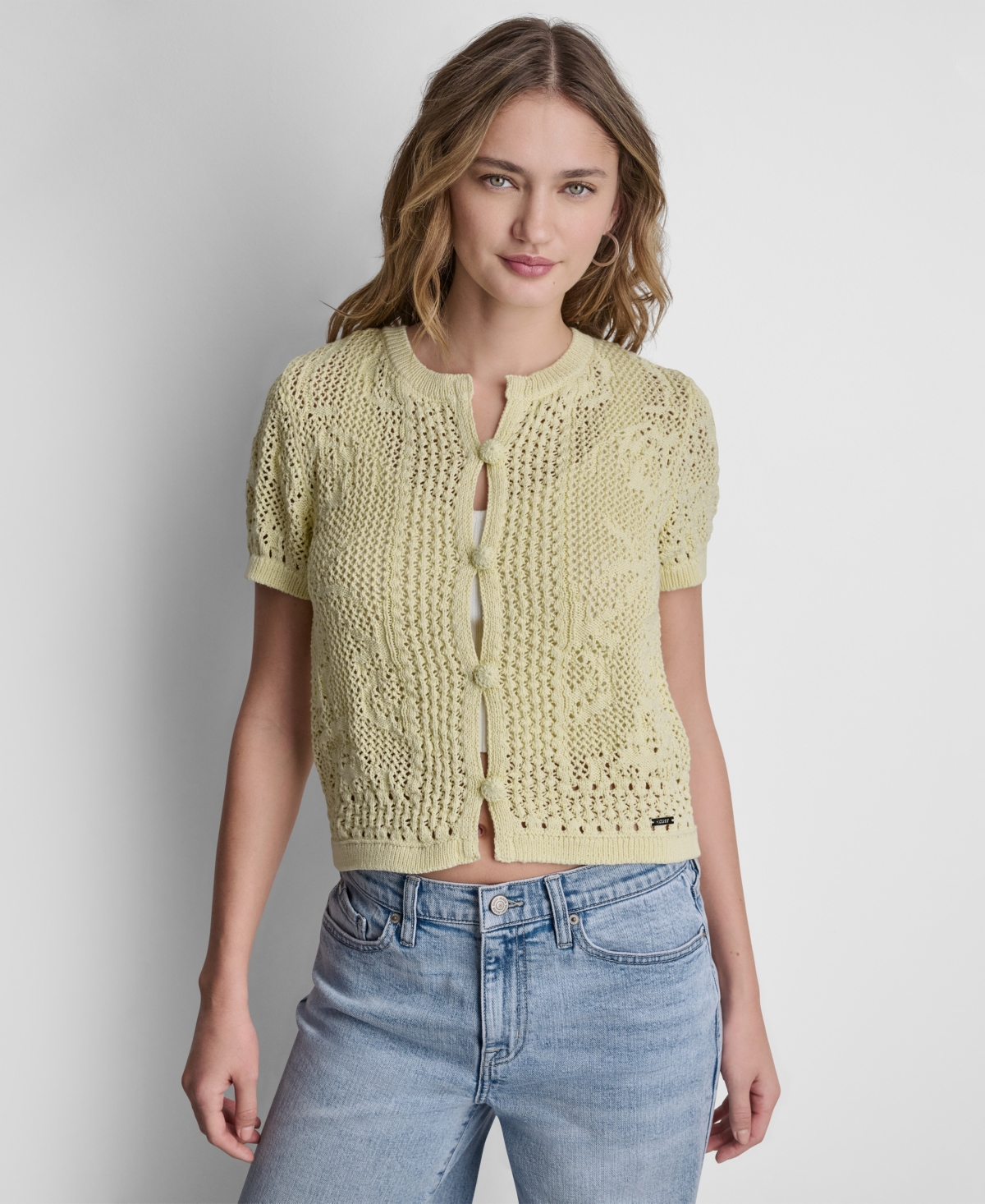 Women's Short-Sleeve Crewneck Cardigan - Pastel Yellow