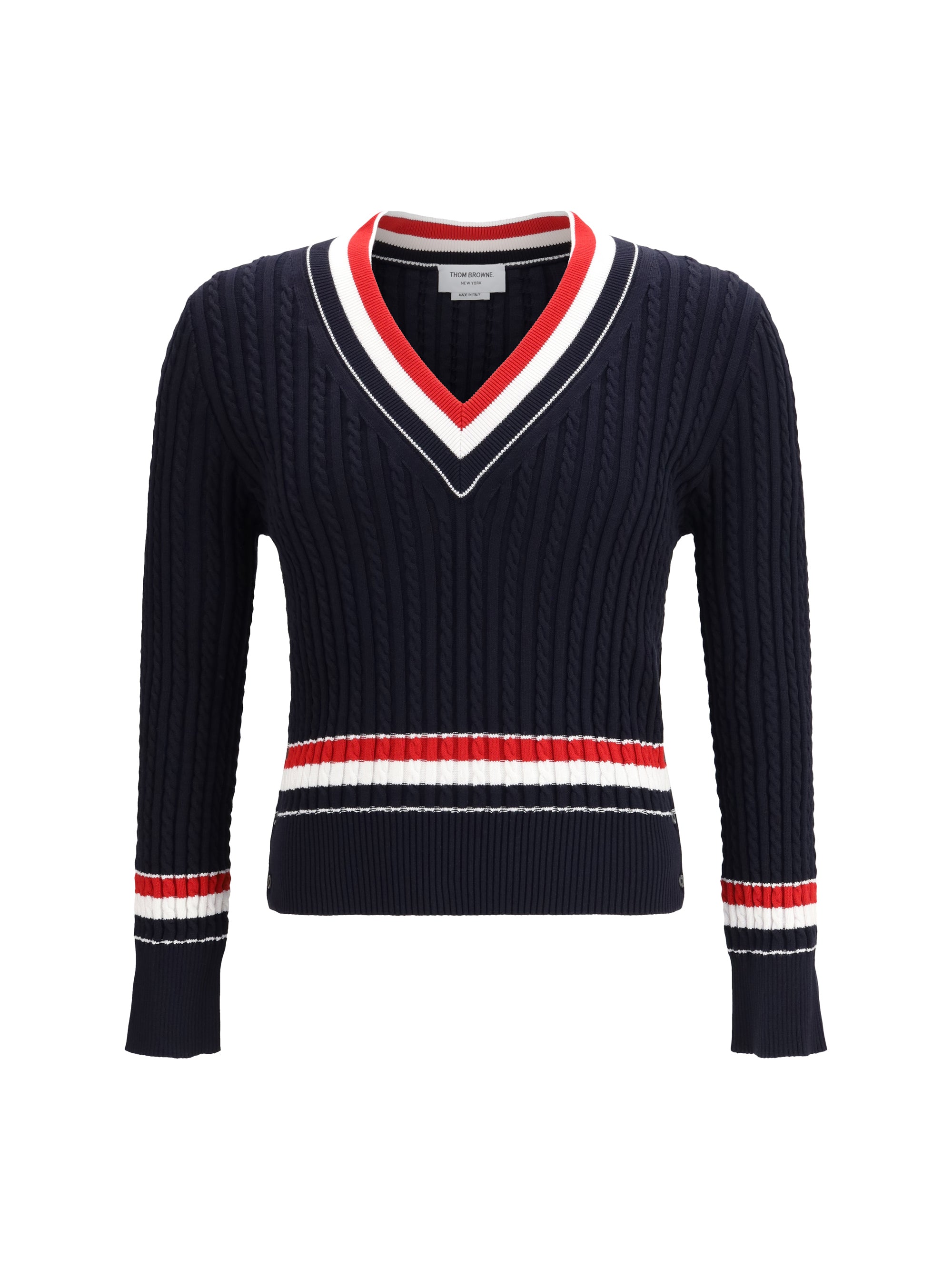 Cable-Knit V-Neck Sweater — Navy