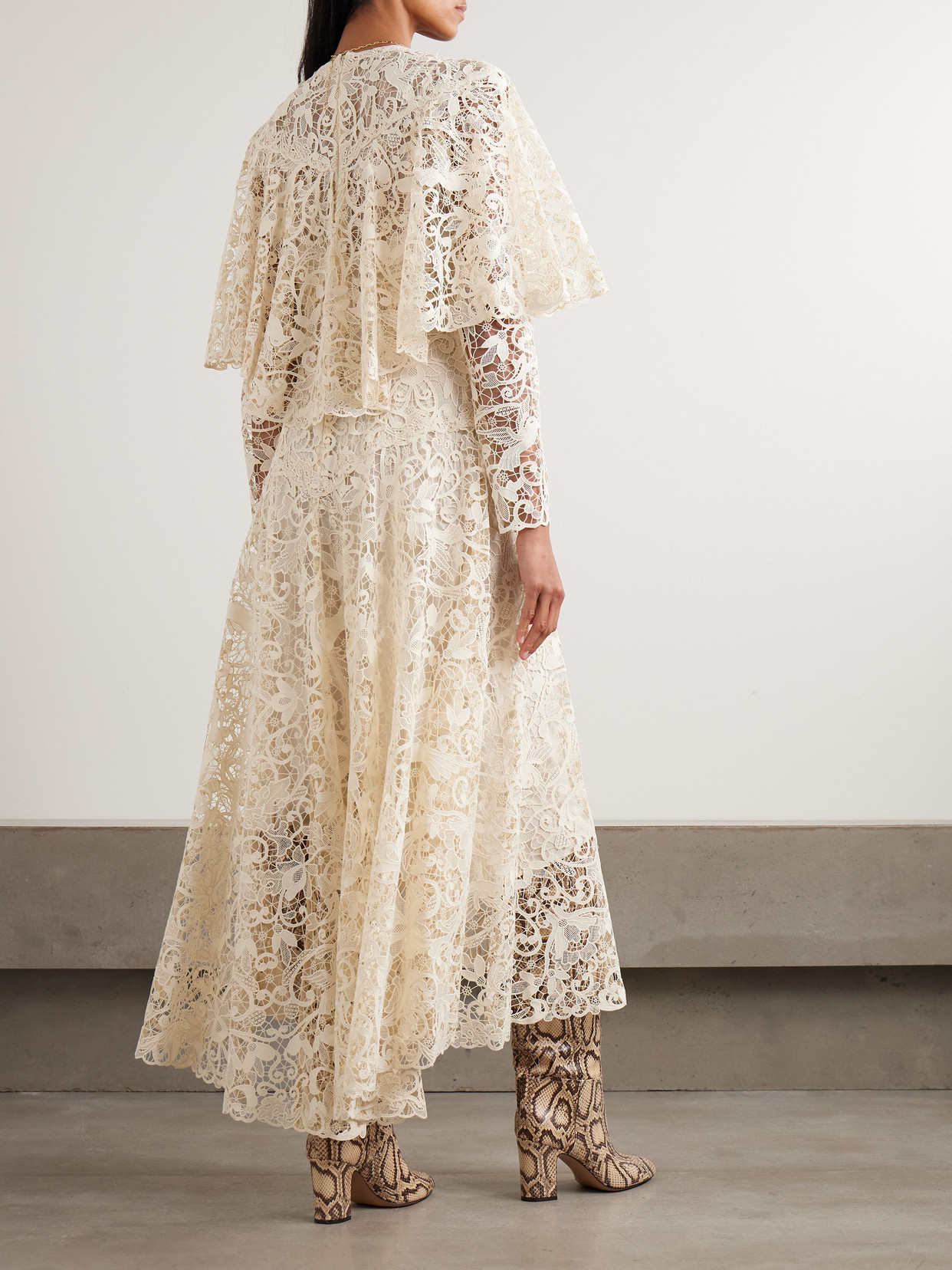Hypnotic Memento Bird Cape-effect Guipure Lace Midi Dress - Cream