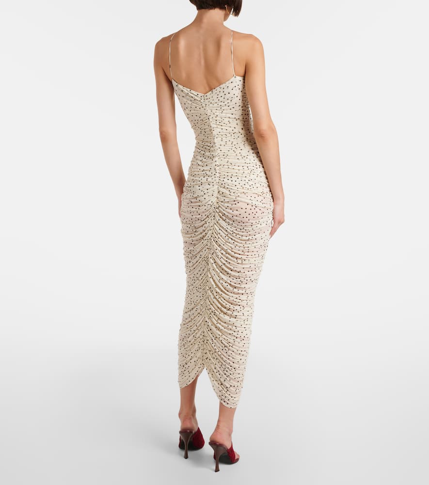 Floral-appliqué polka-dot maxi dress