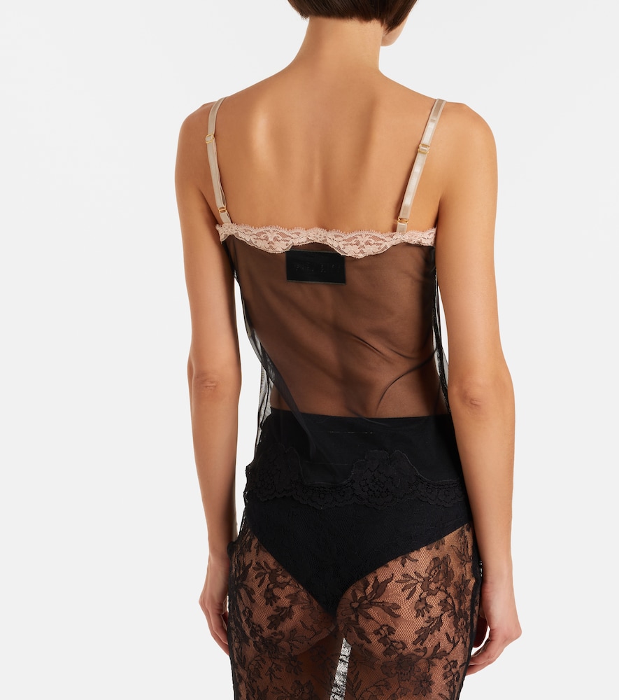 Lace-trimmed sheer mesh camisole