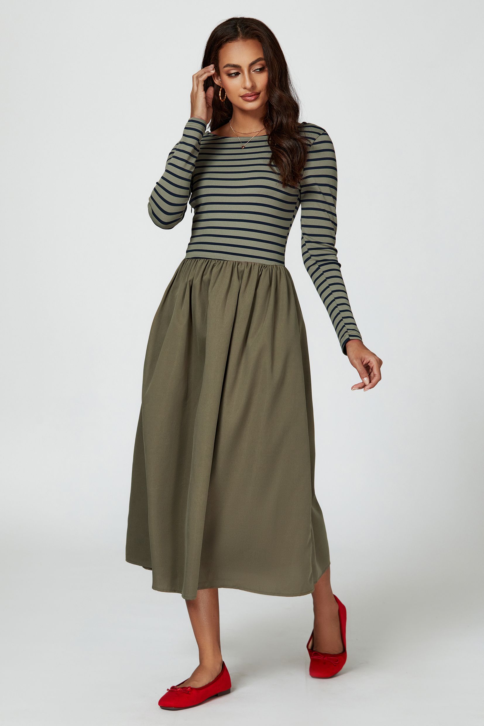 FS Collection Women's Long Sleeve Stripe Midi Dress In Olive | : Mediu