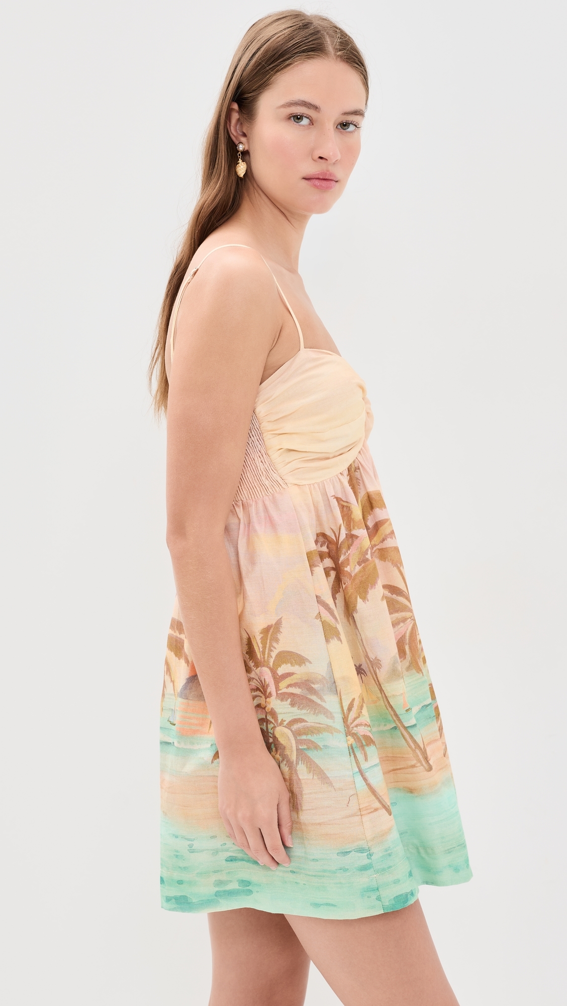 Beige Tropical Ruched Neckline Mini Dress Beige Tropical
