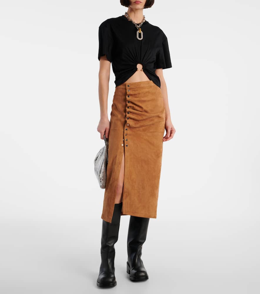 Ruched suede midi skirt