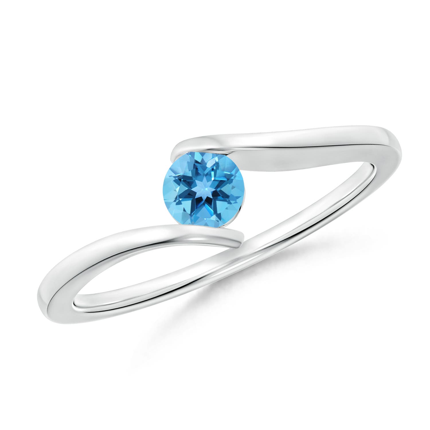 Angara 0.32 Carat Bar-Set Solitaire Round Swiss Blue Topaz Bypass Ring in Platinum