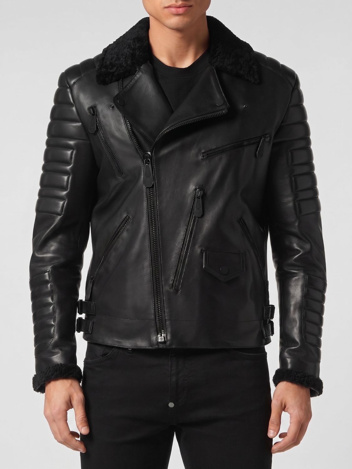 Logo-debossed leather jacket - Black