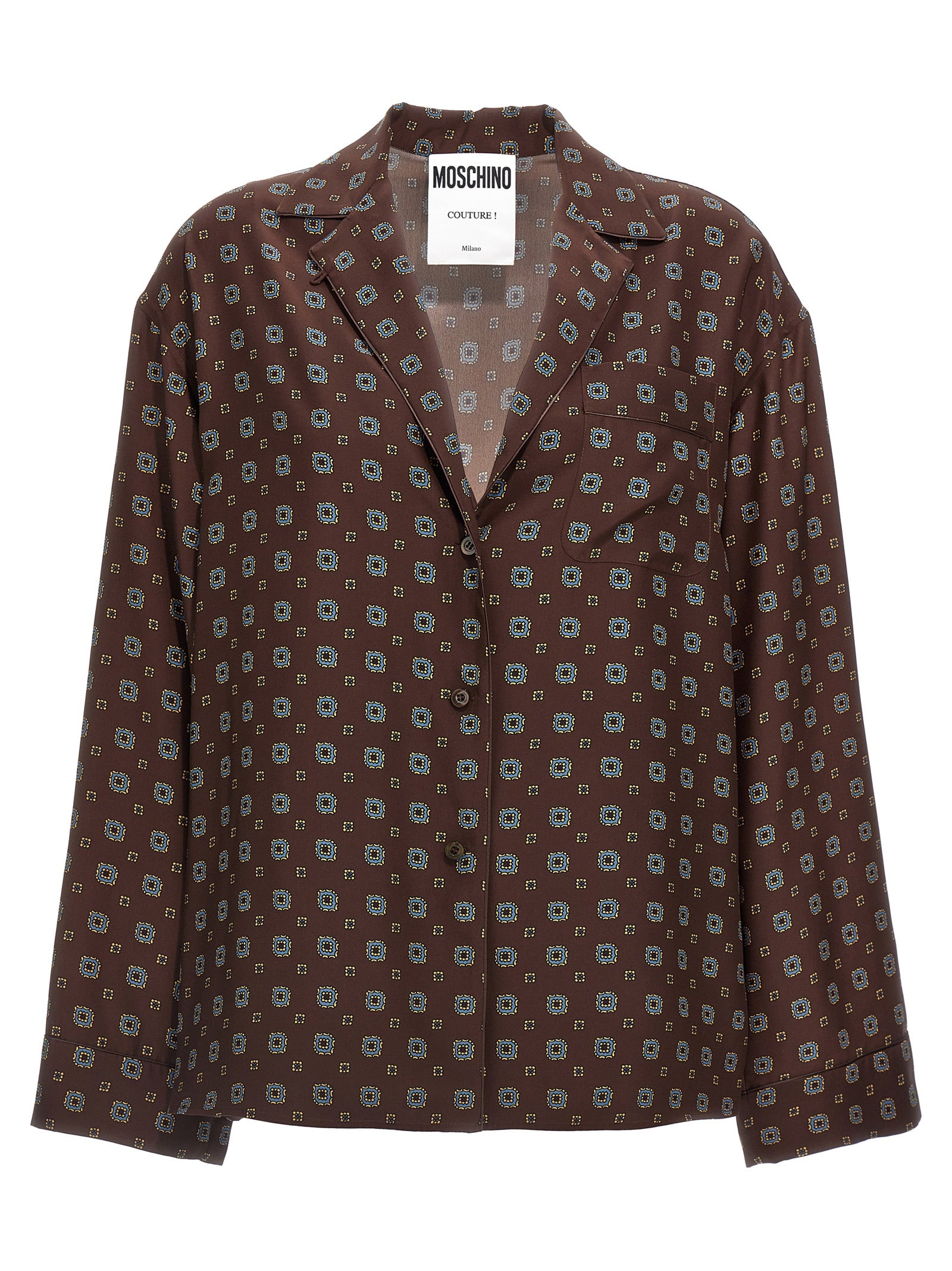 Geometric-Print Silk Blouse — Brown