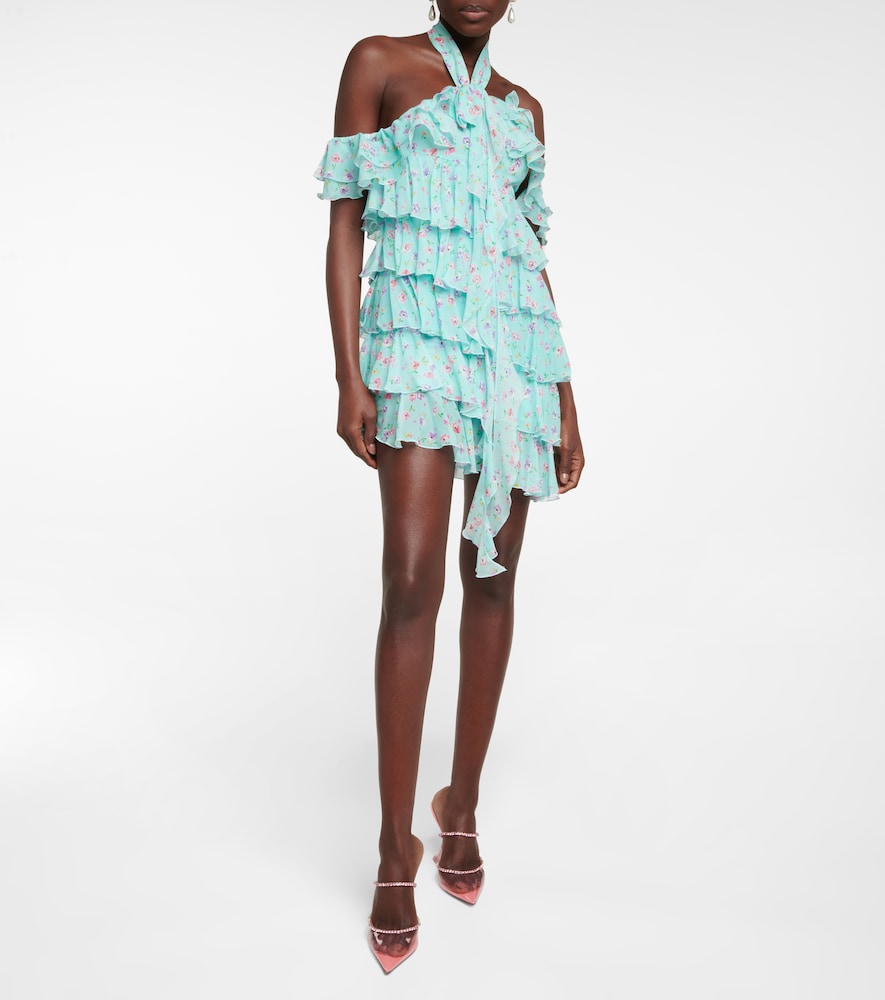 Halterneck ruffle-detail silk minidress
