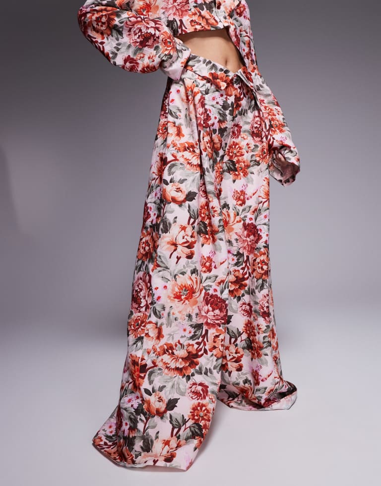 ASOS LUXE Womens co-ord linen look tailored wide leg trouser in tapestry floral print - Pink