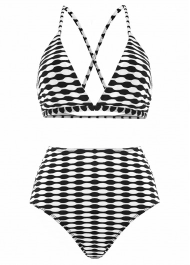 Modlily Three-piece High Waisted Geometric Print Black Bikini Set
