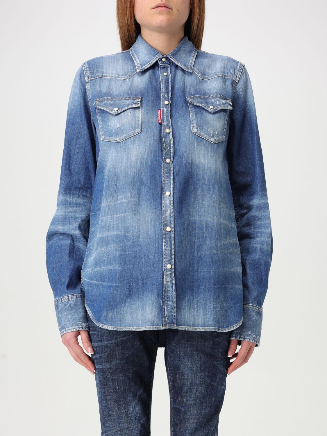 Whiskering-effect denim shirt - Blue