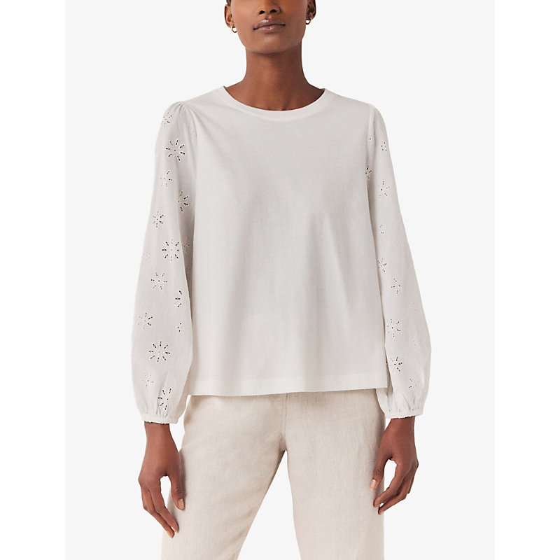 Womens White Broderie-sleeve Regular-fit Organic-cotton top
