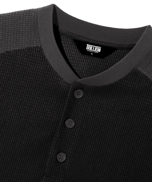 Waffle Color Block Henley Neck Sweatshirt_Black