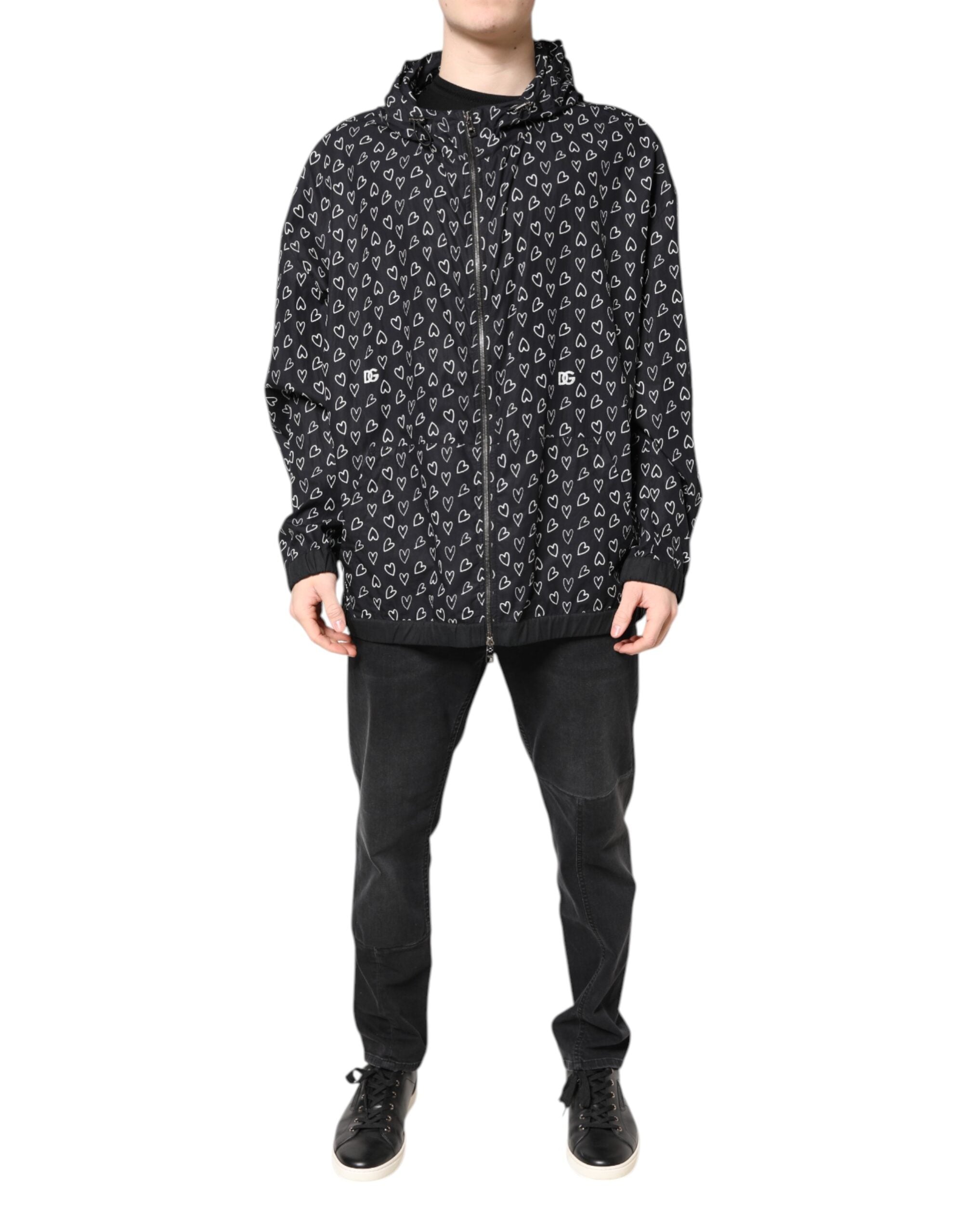 Heart Print Hooded Windbreaker Jacket — Black