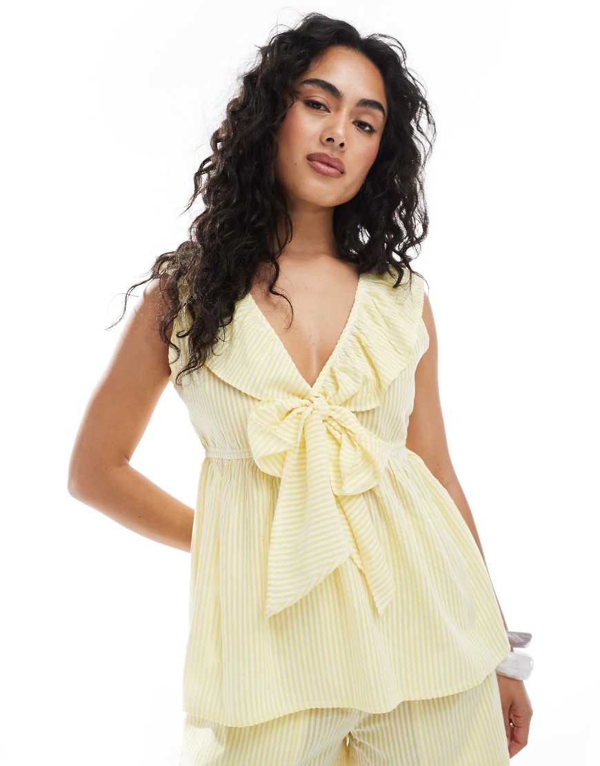 Esmee Exclusive tie front frill collar beach top in yellow and white stripes