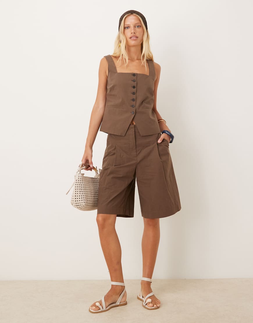 Tailored square neck waistcoat co-ord in brown