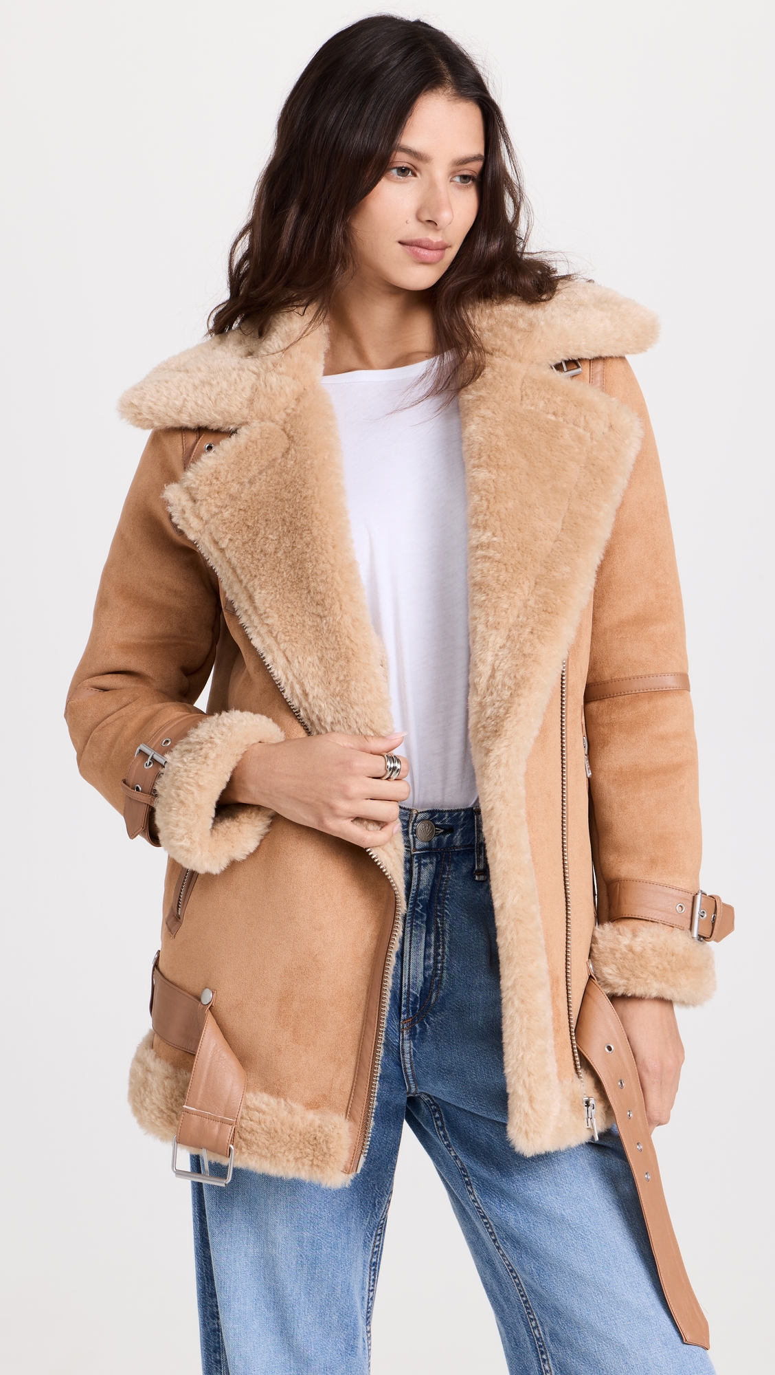Bonded Faux Shearling Biker Jacket Toffee