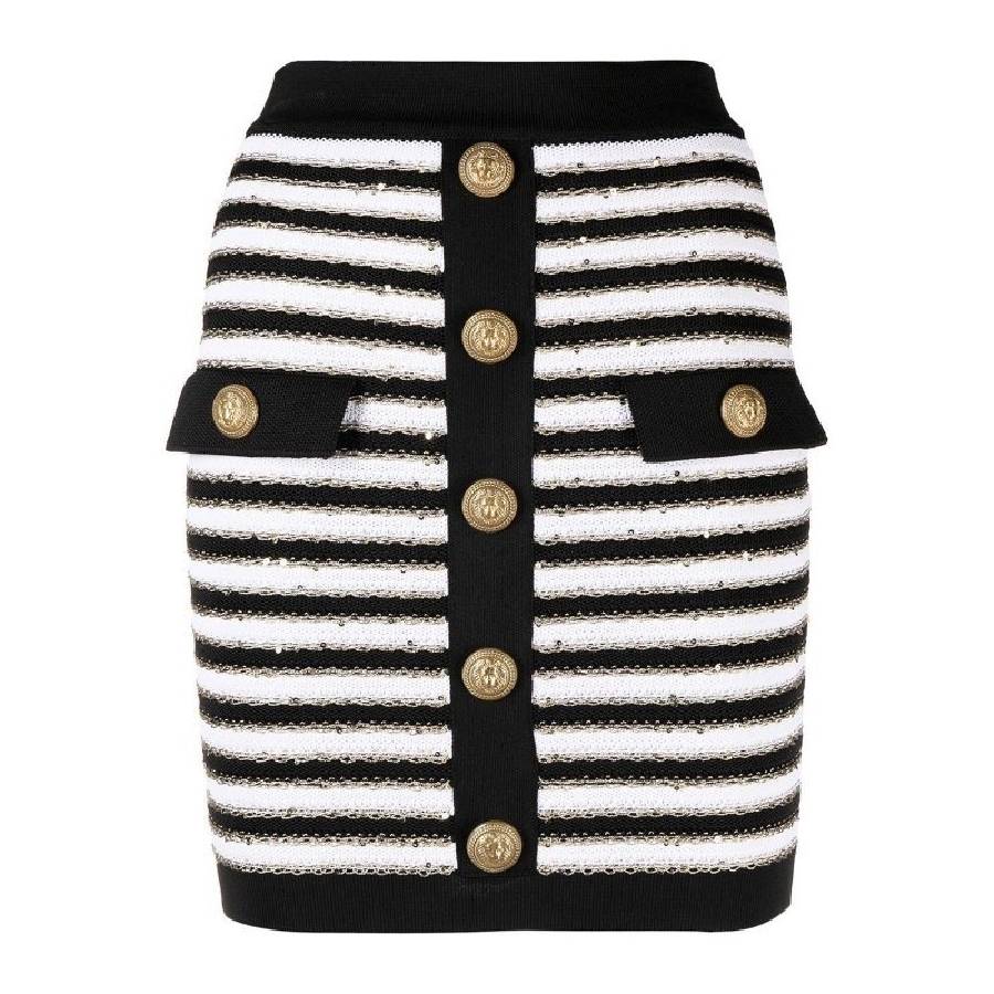 Button Embellished Stripe Mini Skirt