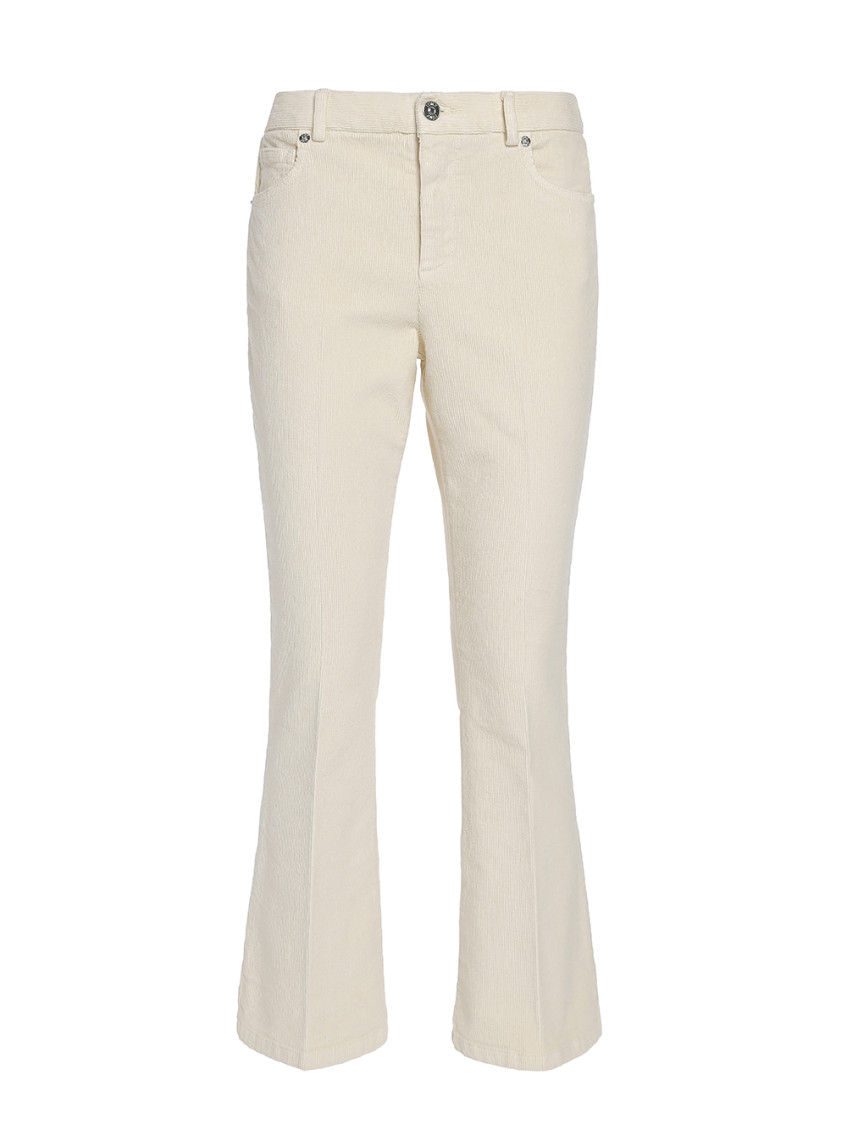 Beige Velvet Cropped Flared Trousers