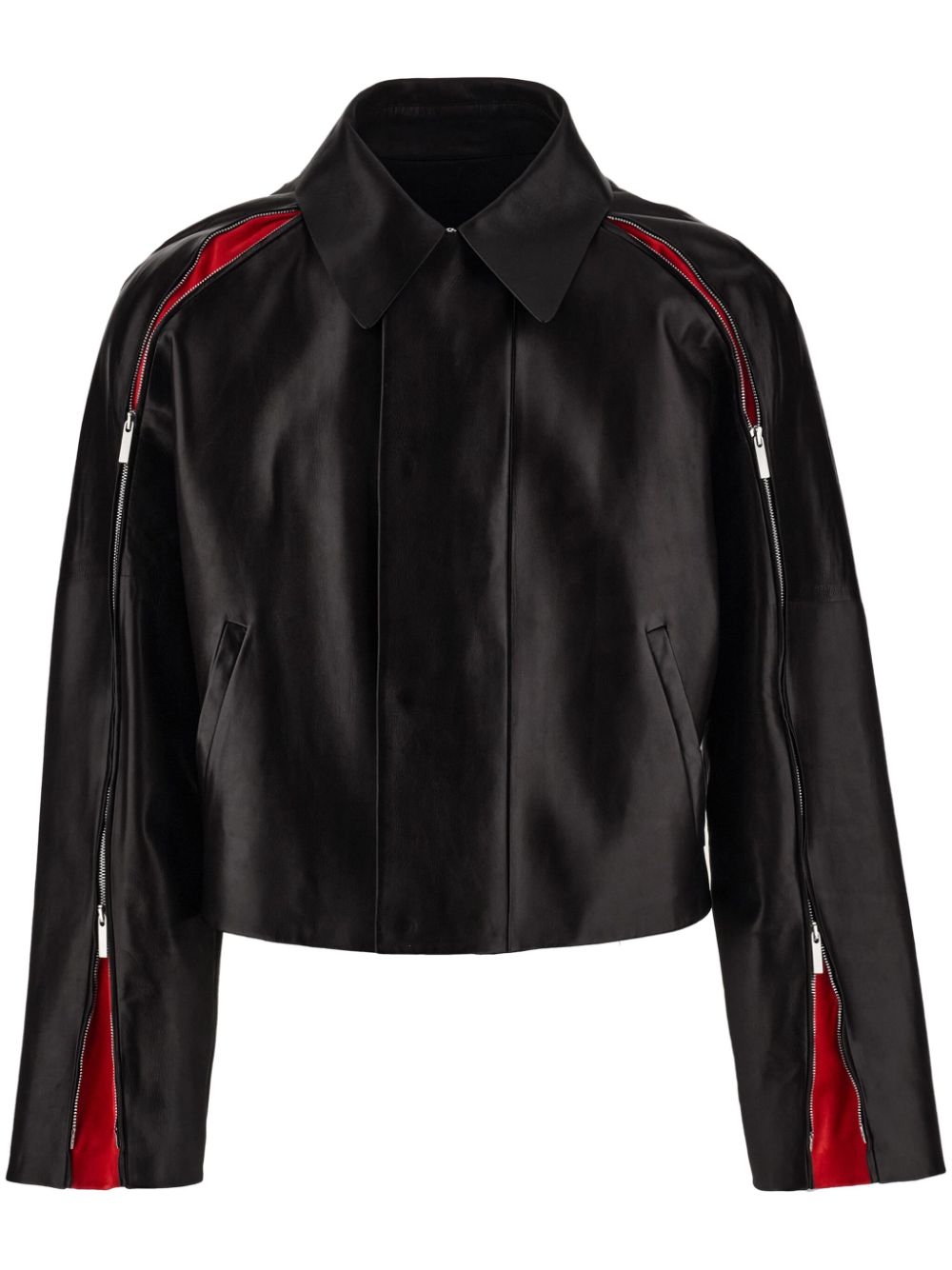 Contrasting-panels zip-up leather jacket - Black