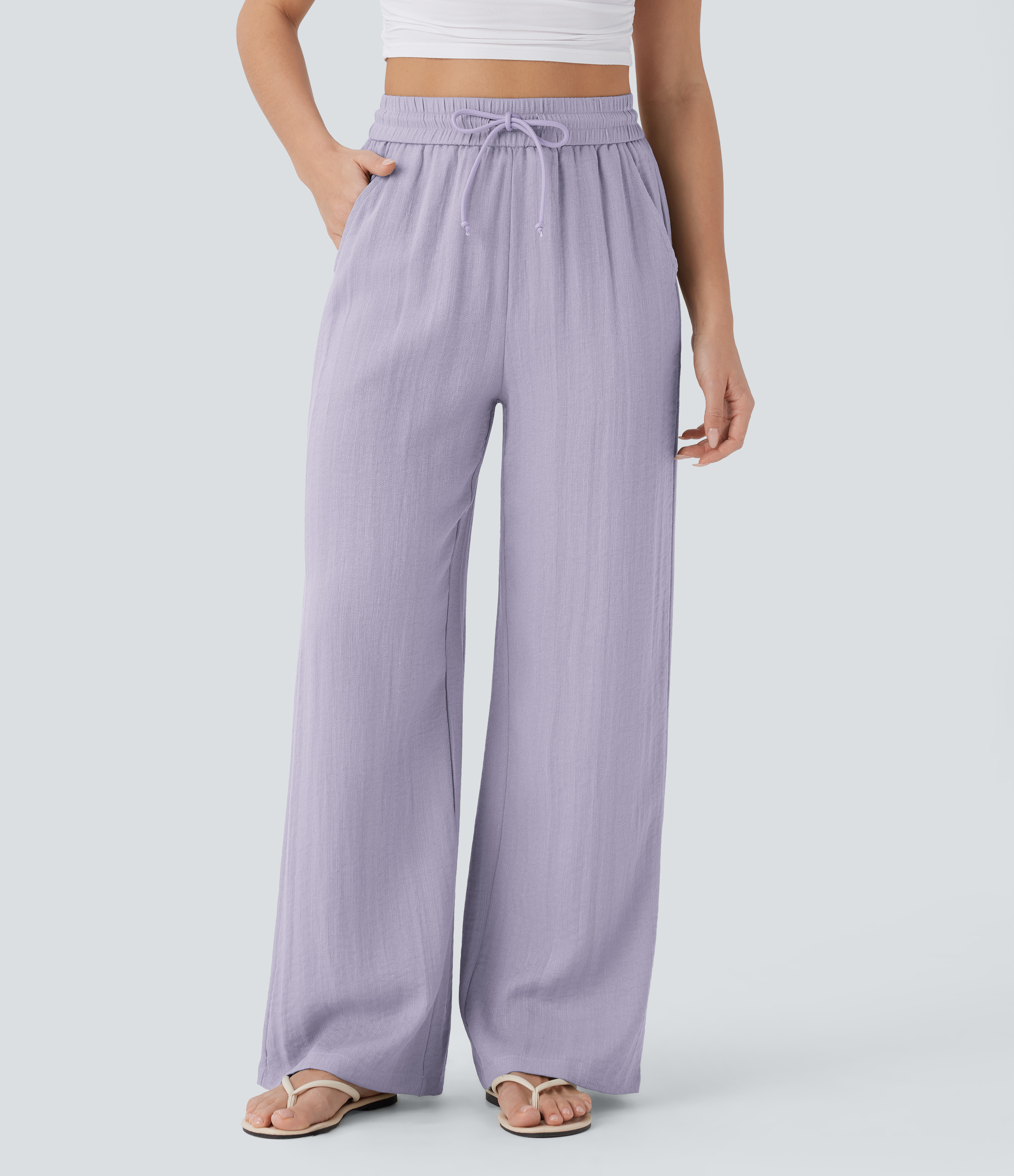 High Waisted Drawstring Pocket Wide Leg Casual Linen-Feel Pants  - Queen's Wreath