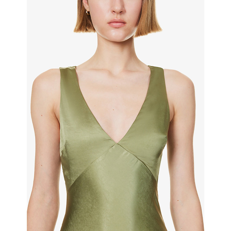Womens Moss Green Twist-back V-neck Satin Maxi Dress