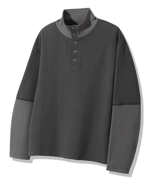 Waffle Ring Snap Collar Henley Neck Long Sleeve_Charcoal