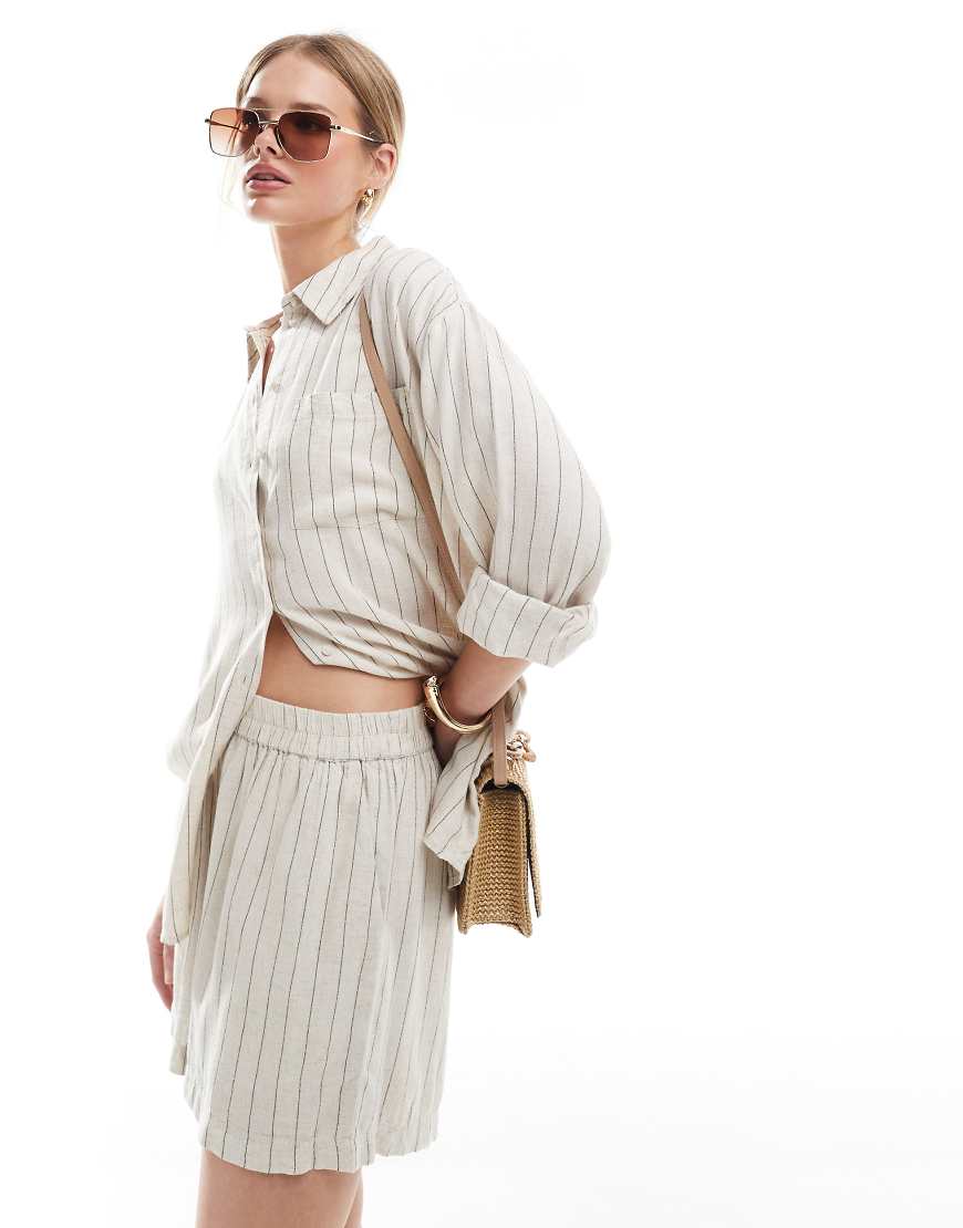 Pieces linen touch short co-ord in birch cream and black stripe