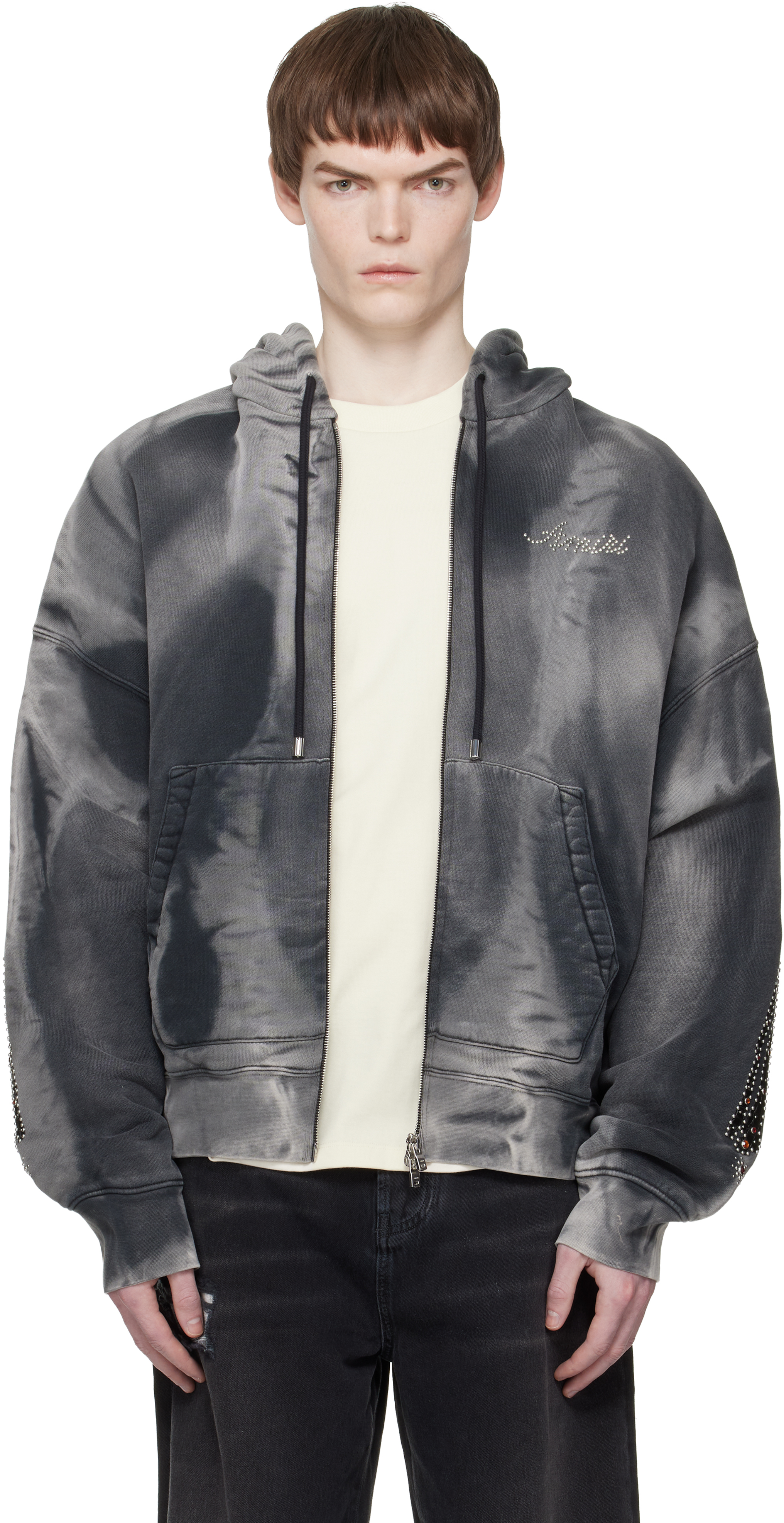 Gray Bones Studded Oversized Zip Hoodie
