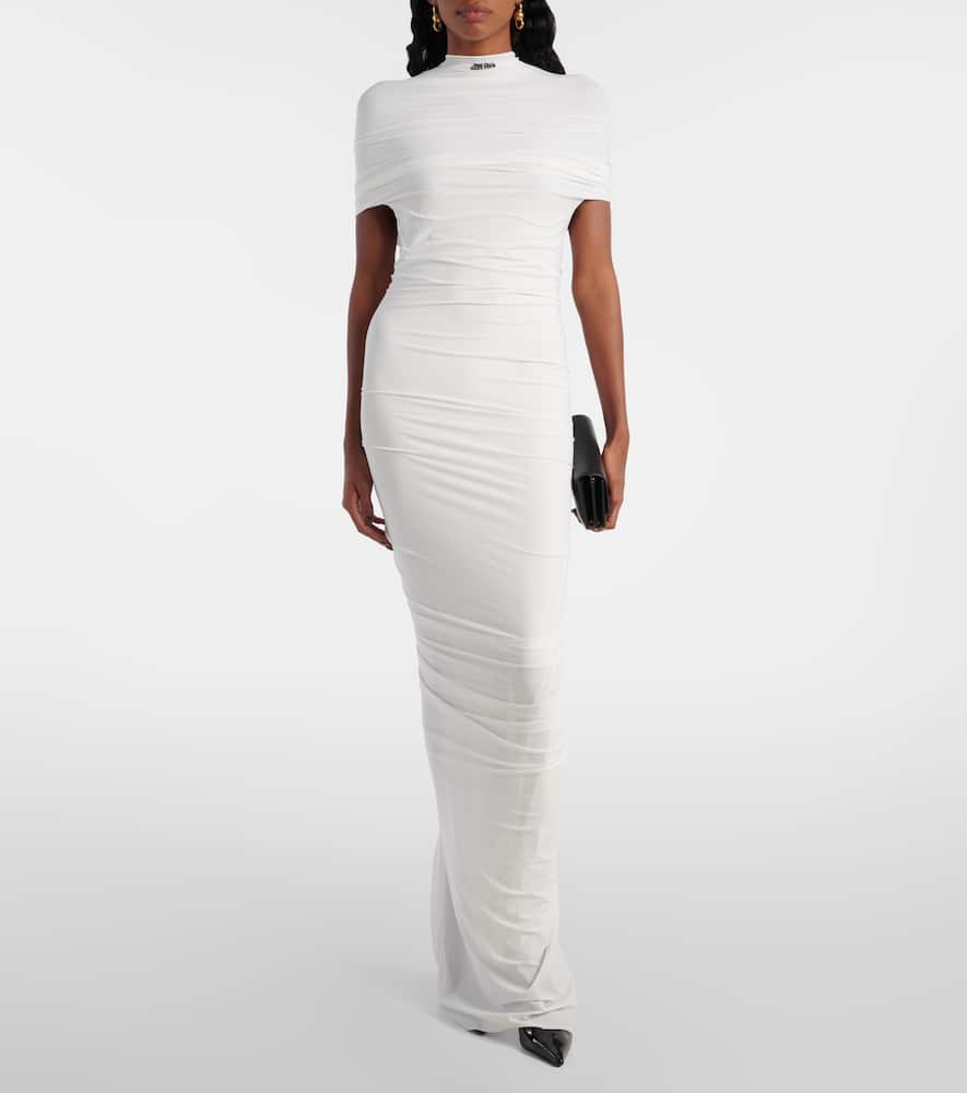 Fringed ruched jersey maxi dress