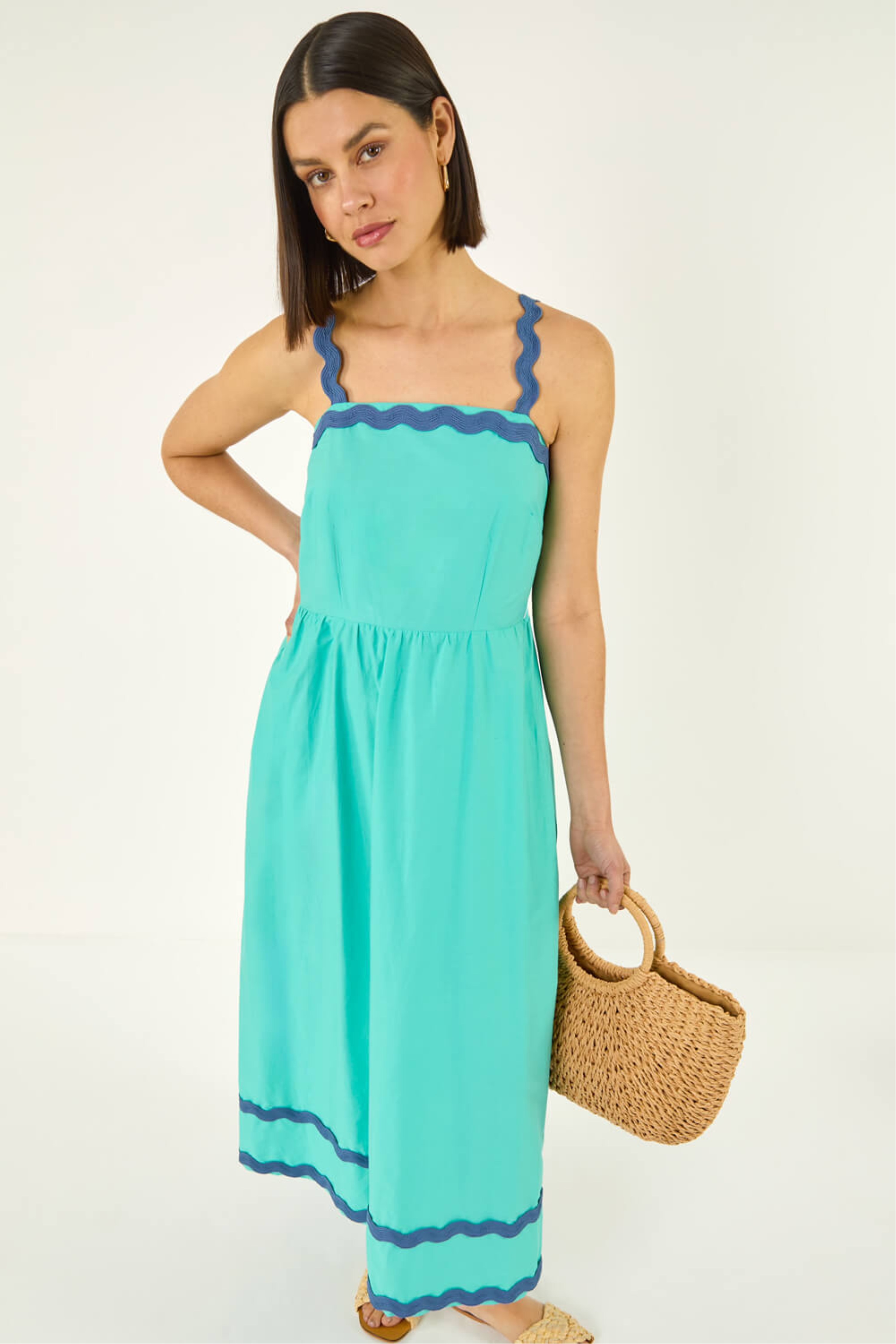 Roman Womens Contrast Ric Rac Midi Dress - Turquoise
