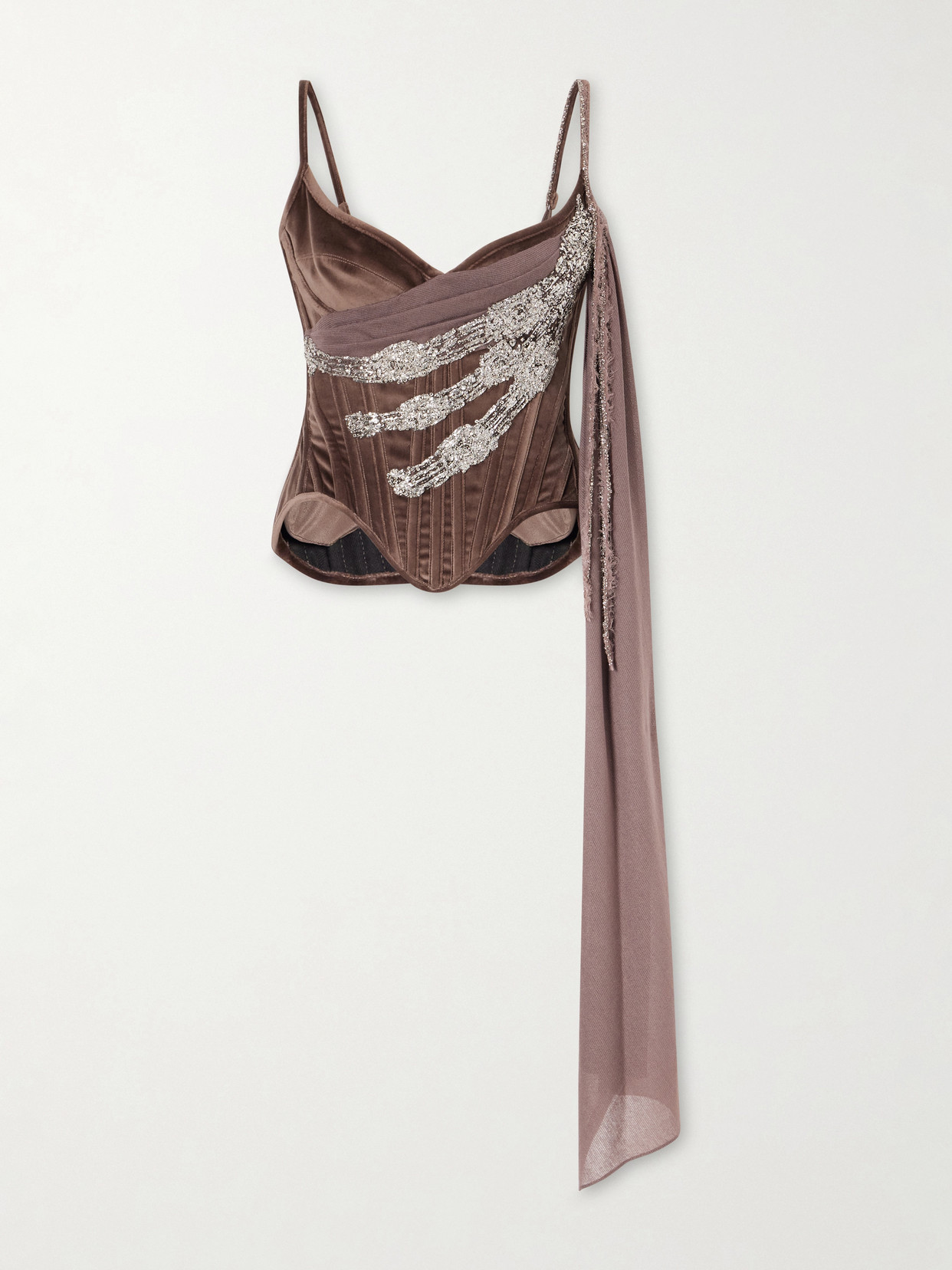 Tie-detailed Embellished Cotton-blend Velvet Corset Top - Brown