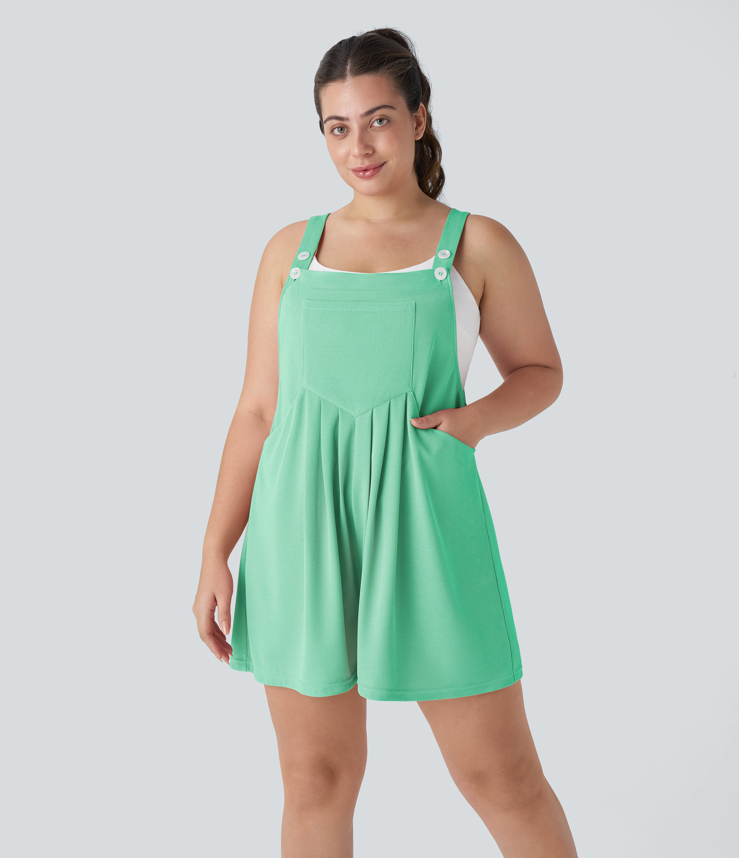 Pockets Waffle Casual Plus Size Overalls  - Light Sea Green