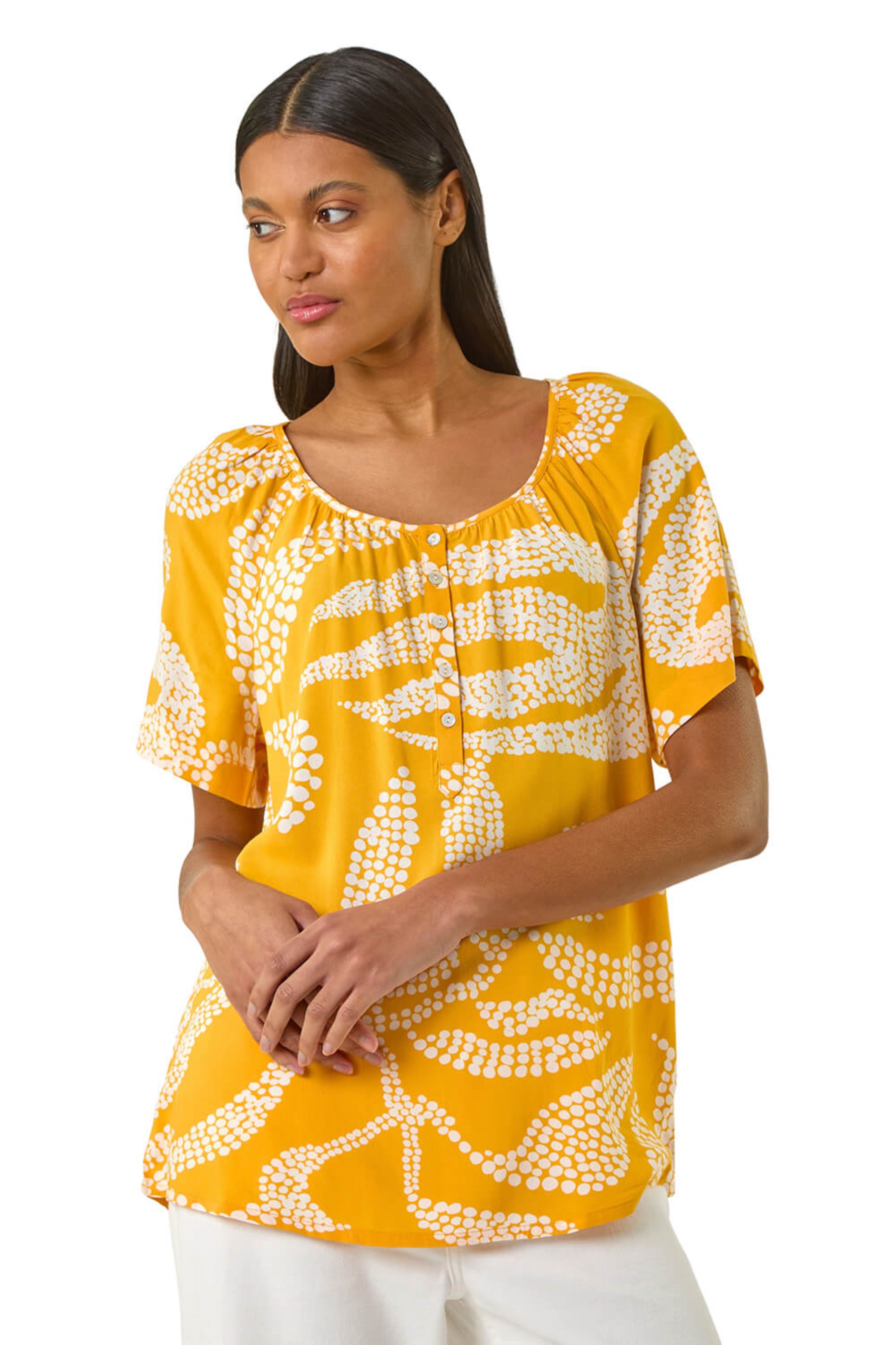 Roman Womens Leaf Print Button Detail Top - Yellow
