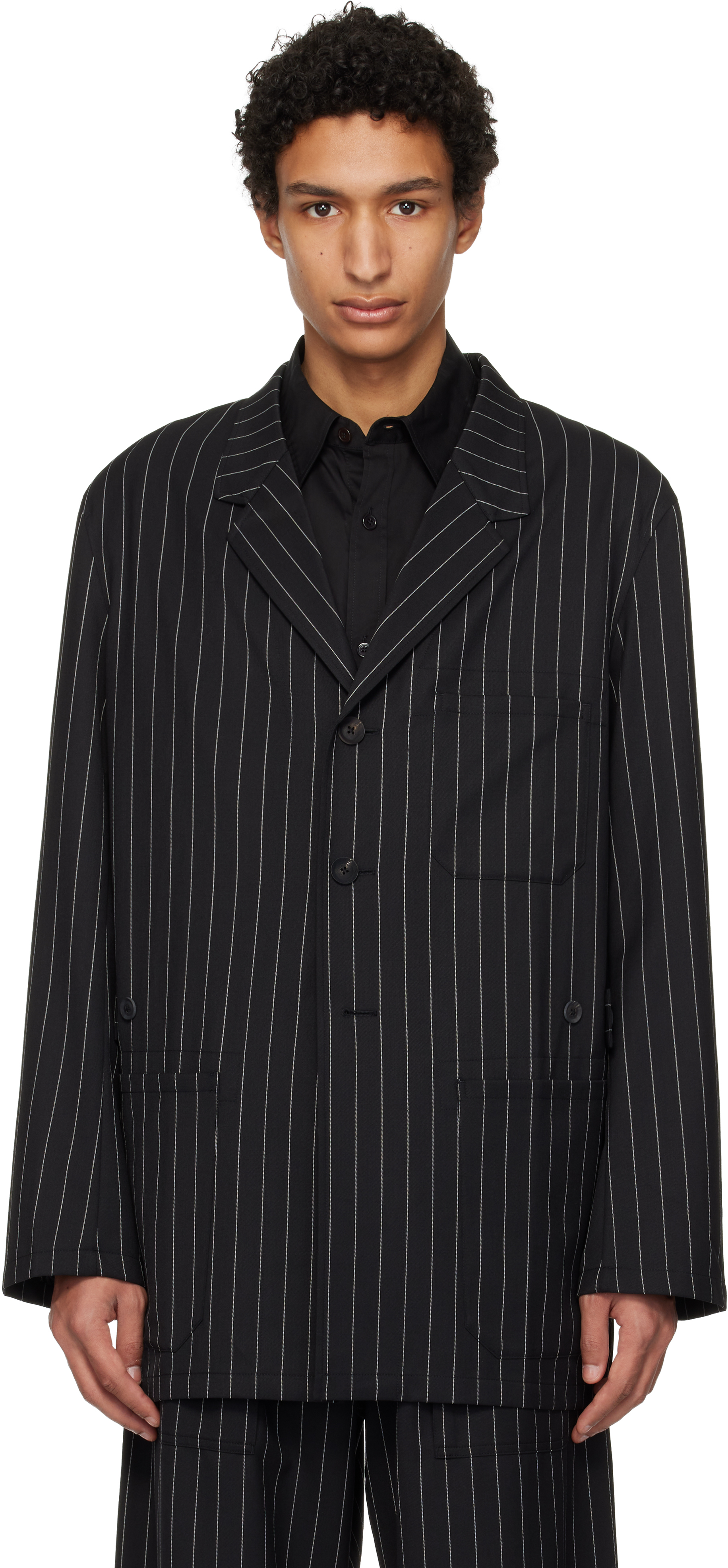 Black Pinstripe Refined Wool Chore Blazer