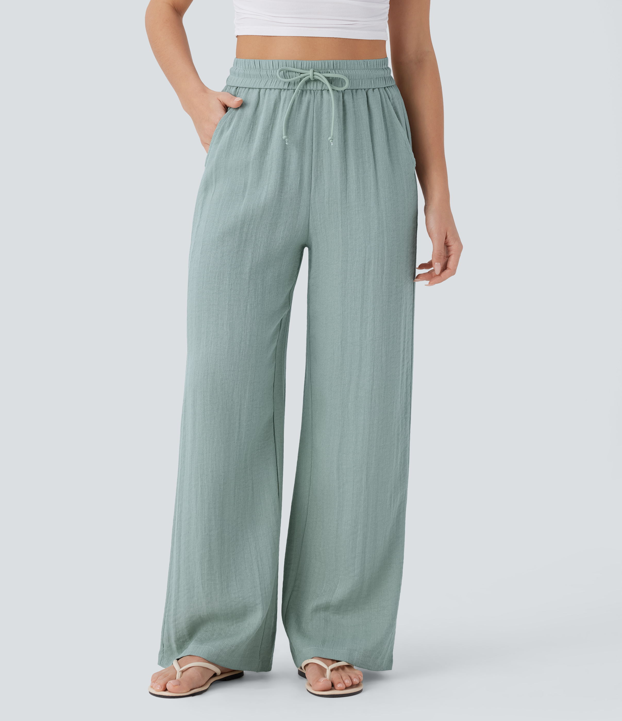 High Waisted Drawstring Pocket Wide Leg Baggy Casual Linen-Feel Pants  - Ether