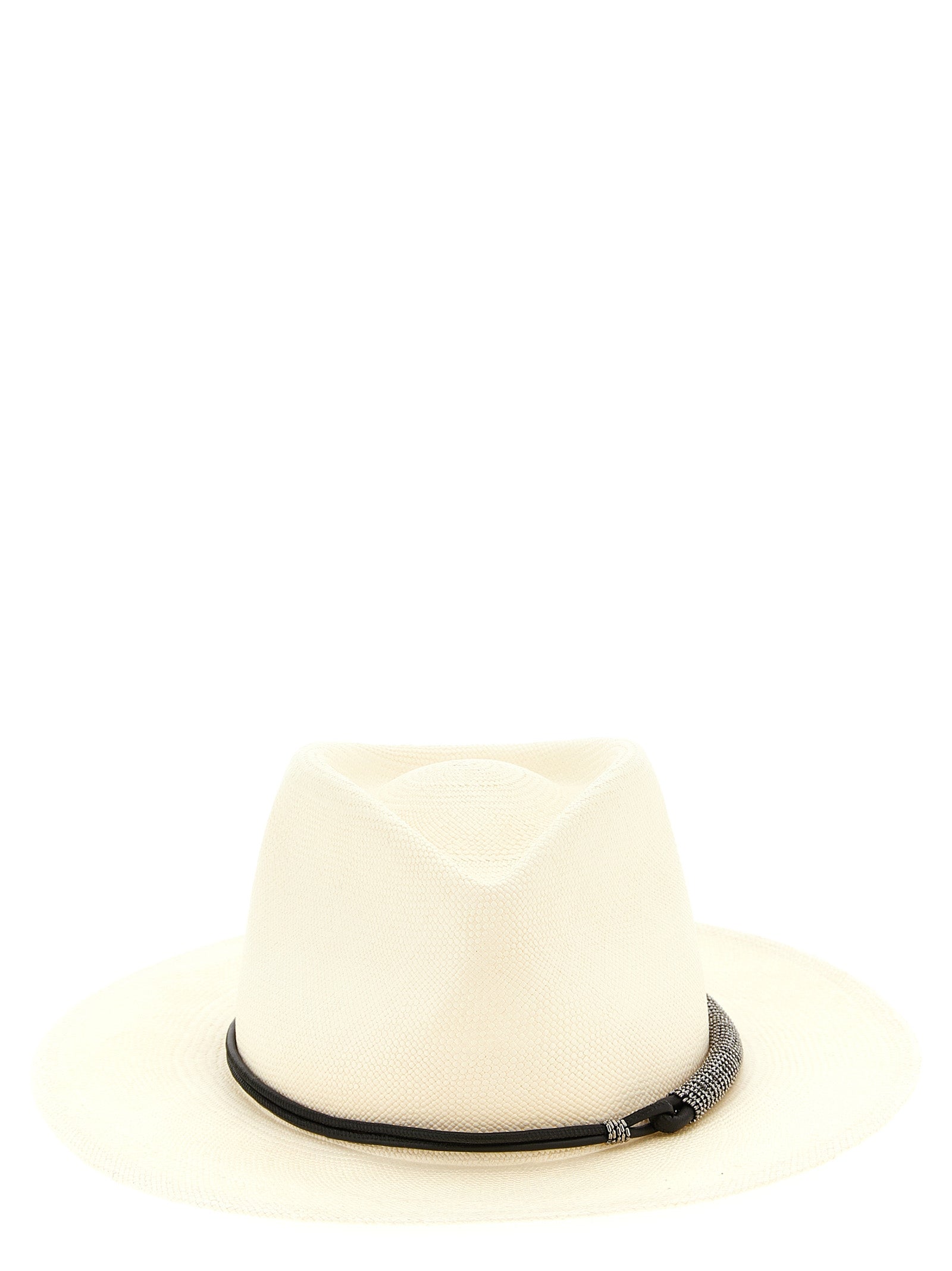BR326976BM Leather-Trimmed Woven Fedora — Beige