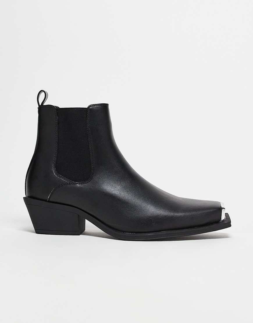 Cuban heel western chelsea boots in black faux leather with silver toe cap