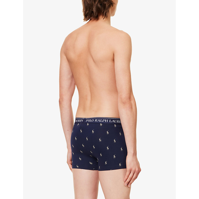 Mens Nvy/stn Grey/rng Blue Branded-waistband Mid-rise Pack of Three Stretch-cotton Trunks 