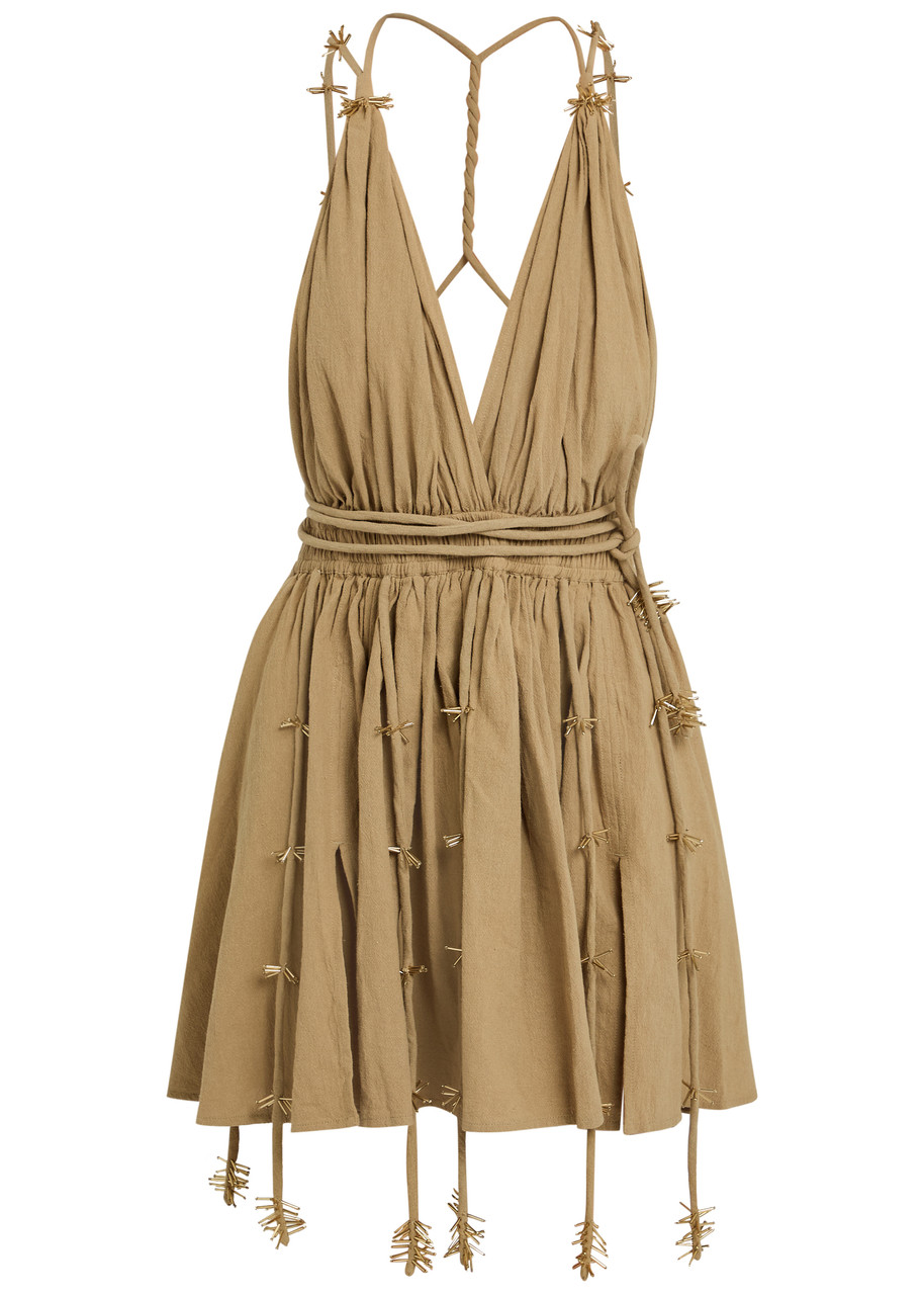 Bead Embellished Halterneck Cotton Mini Dress