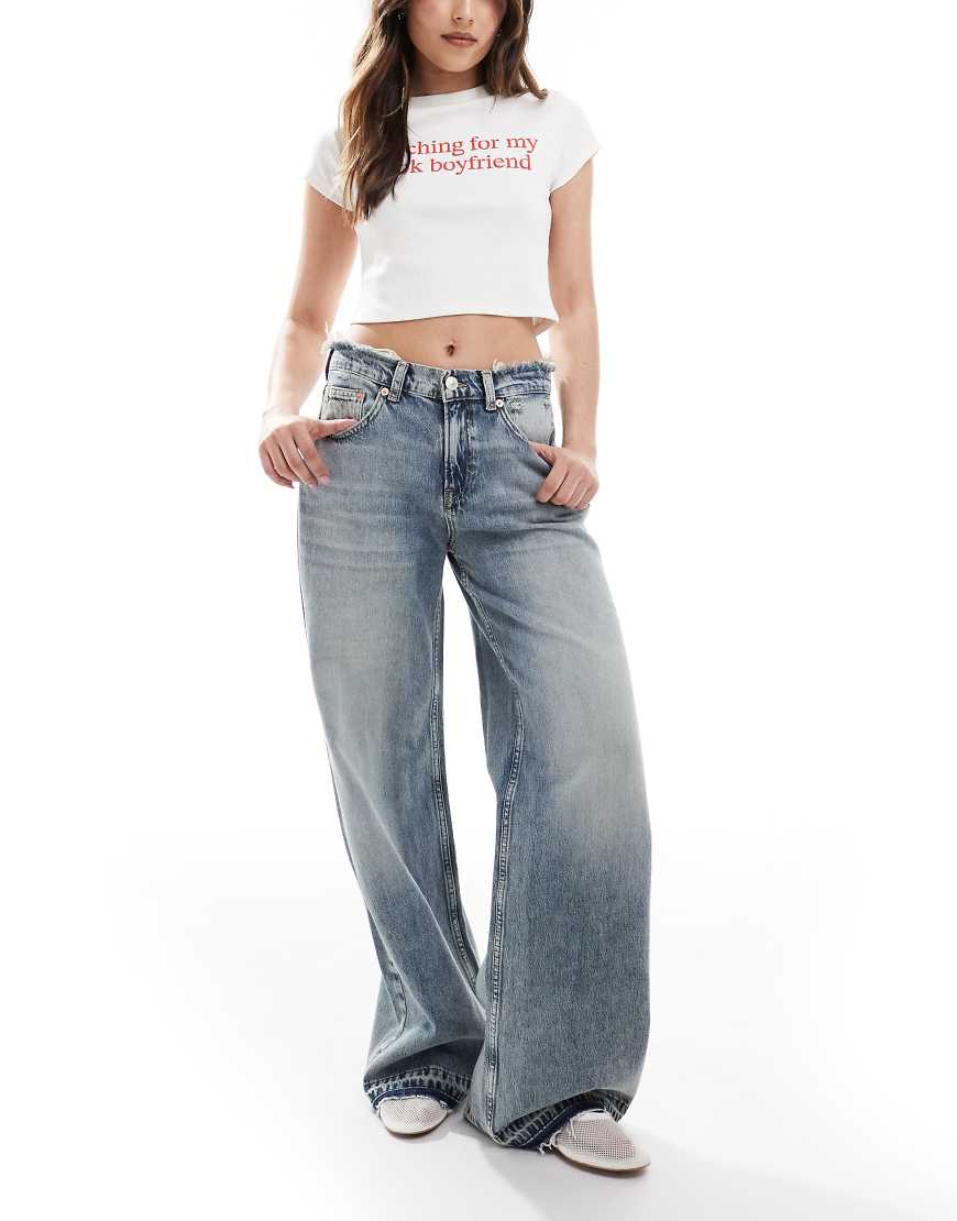 Stradivarius frayed waist wide leg jean in light blue
