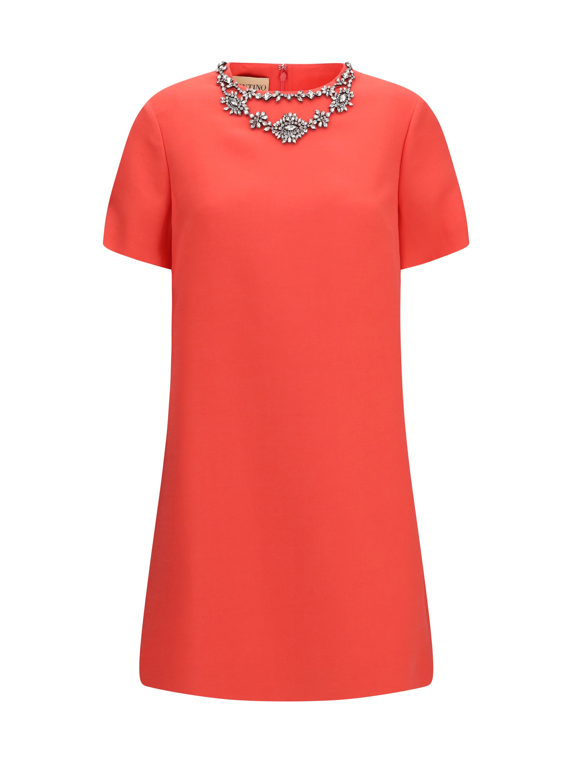 Crystal-Embellished Crew-Neck Dress — Red