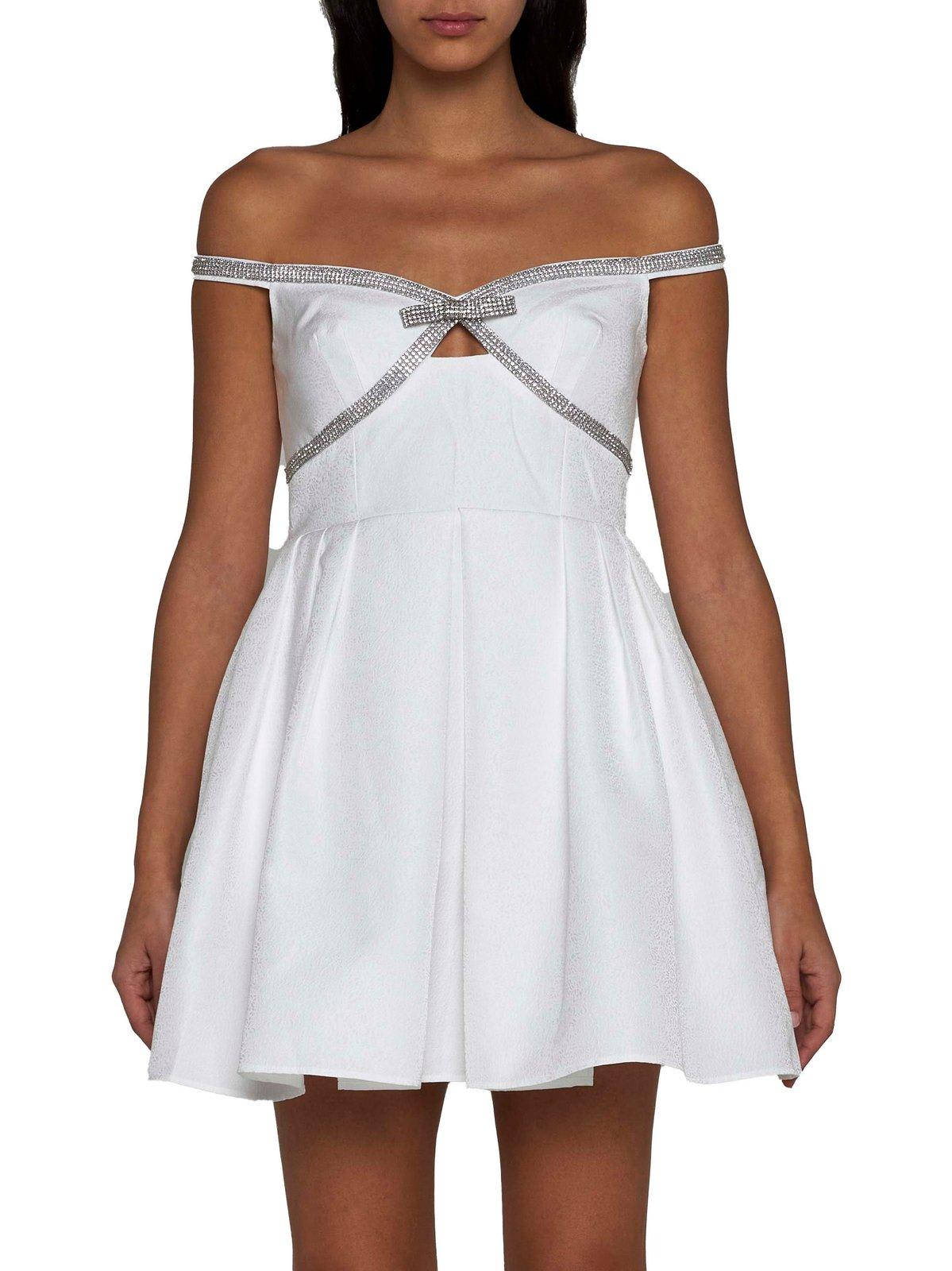 Diamanté-trim off-shoulder minidress - White