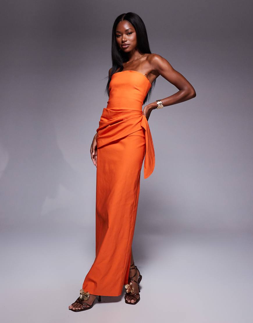 Bengaline bandeau drape front detail maxi dress in orange