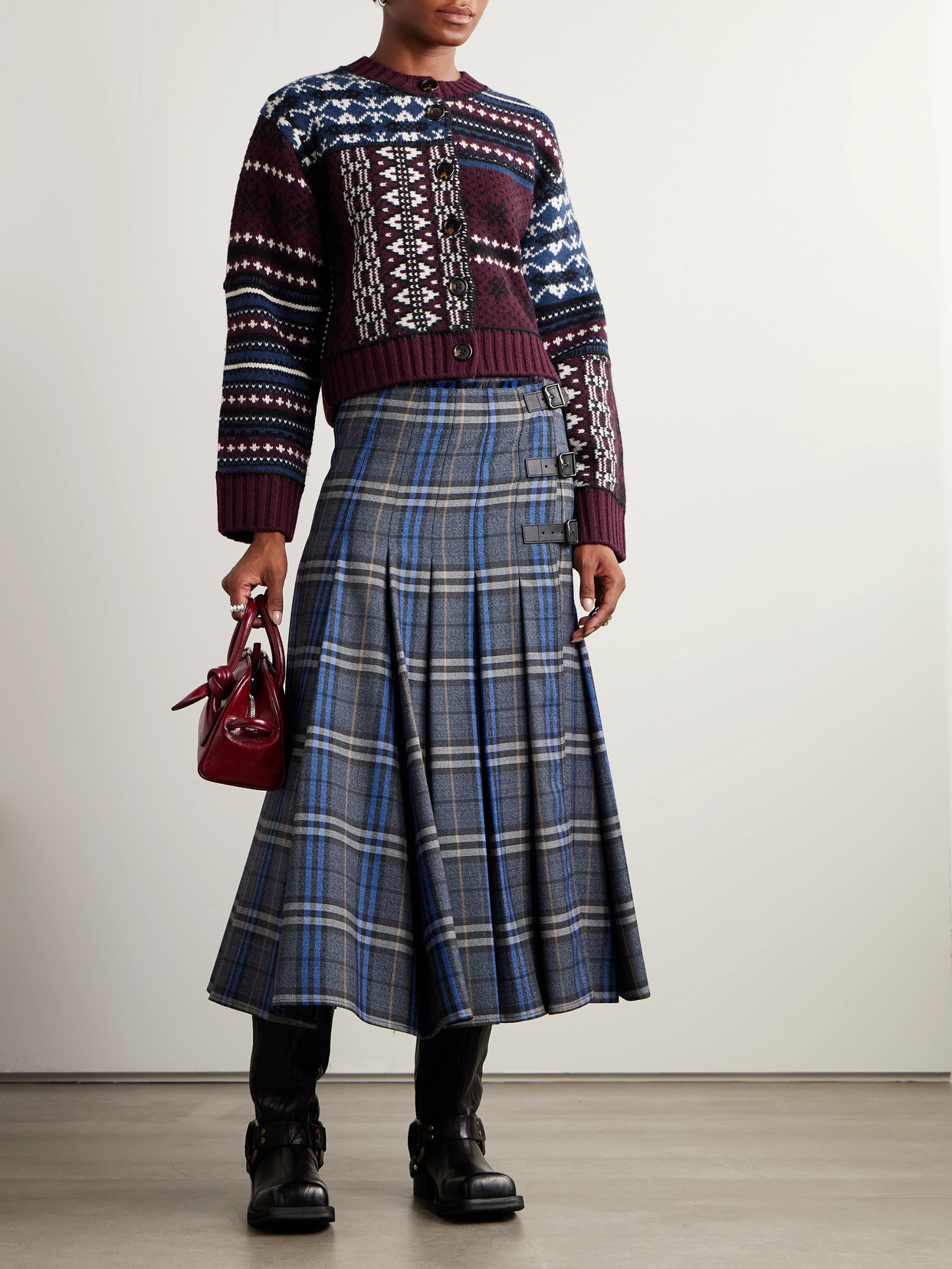 Linea Paneled Fair Isle Merino Wool Cardigan - Burgundy